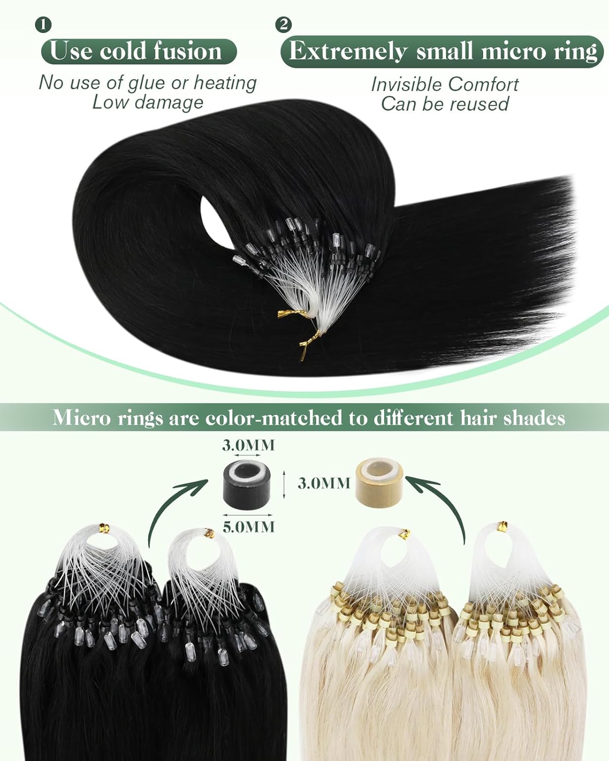 Thumbnail 2 de Ugeat Extensions Echthaar Microring Schwarz (40 cm) – Micro Bondings für natürliches Styling