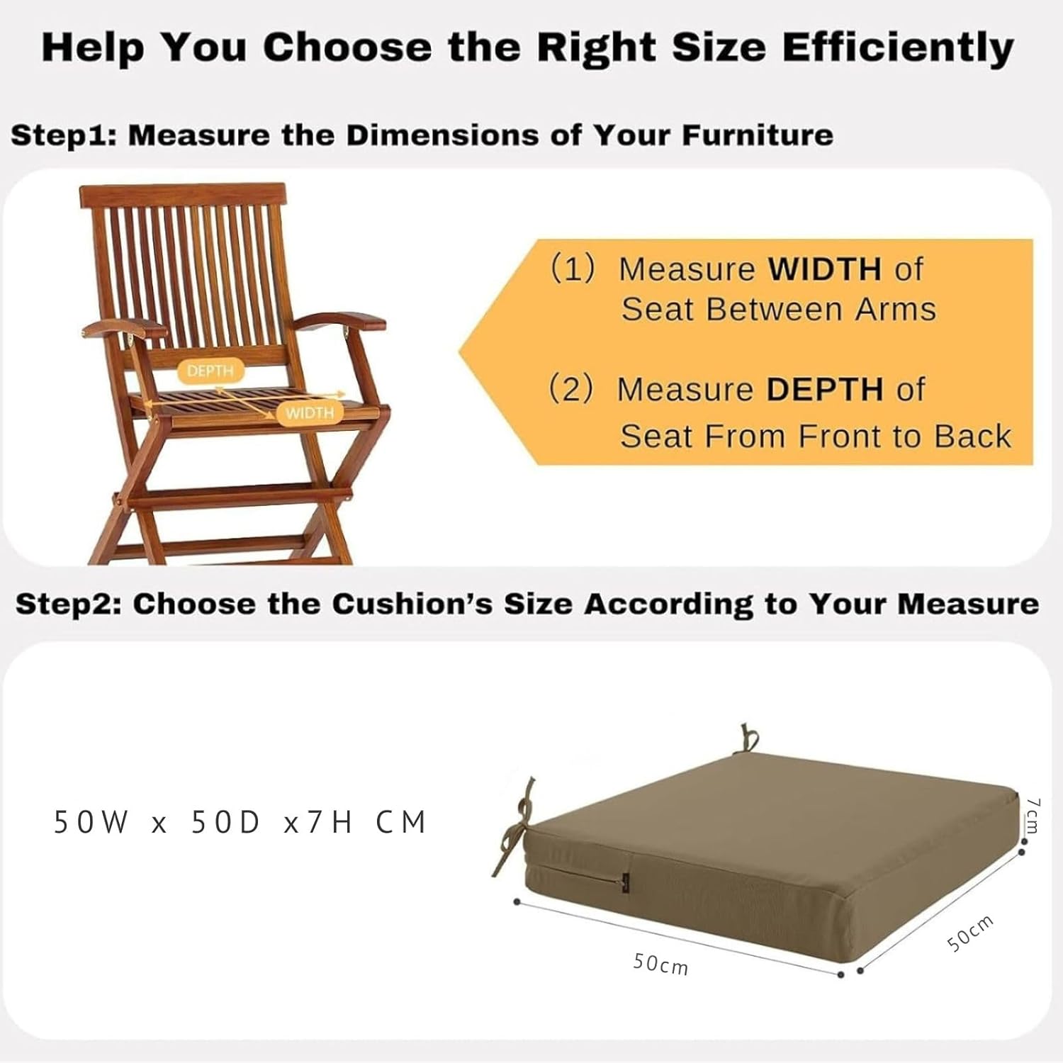 Thumbnail 2 de PRIMEPATIO Outdoor Chair Seat Cushions Set of 2 – 7cm Thick 50x50cm Dark Khaki, Waterproof Rattan Garden Cushions with Ties