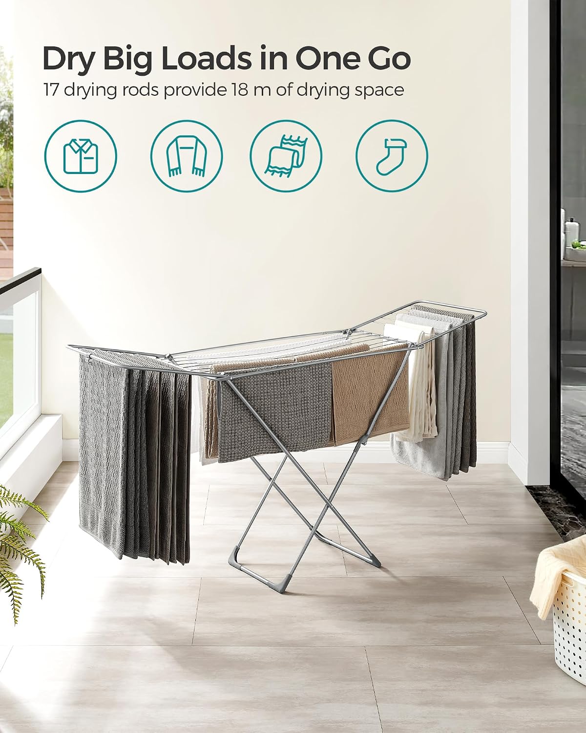 Detalle de SONGMICS LLR540G01 BUNJI Clothes Airer, 18 m Drying Space, Foldable