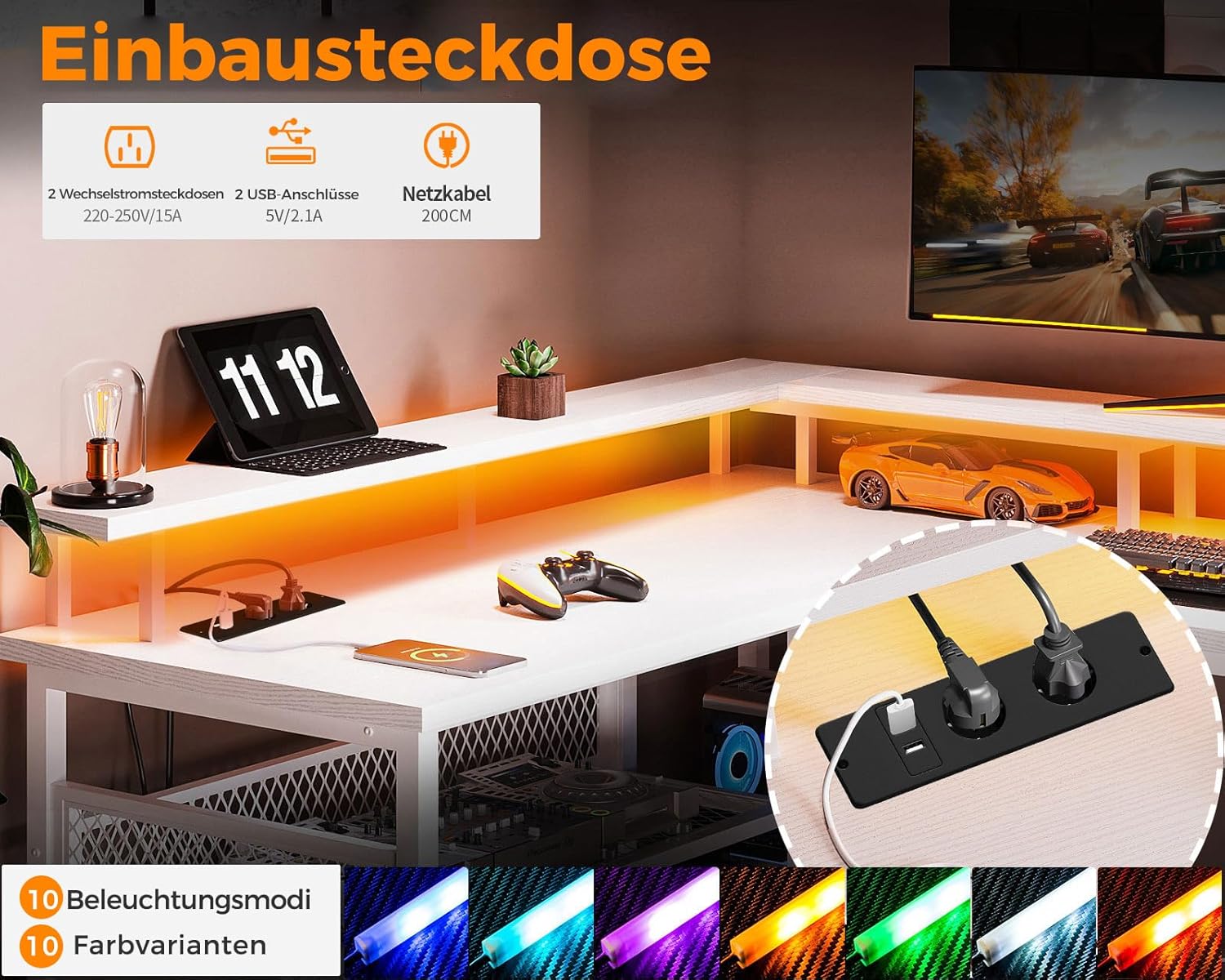 Thumbnail 3 de ODK Gaming Tisch mit LED – 168×120 cm, reversibel, 2 Steckdosen & 2 USB-Ladeanschlüsse