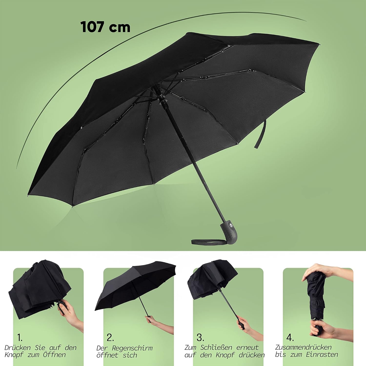 Thumbnail 1 de Villkin Regenschirm sturmfest mit Auf-Zu-Automatik – winddichter Taschenschirm (schwarz, 107 cm breit)