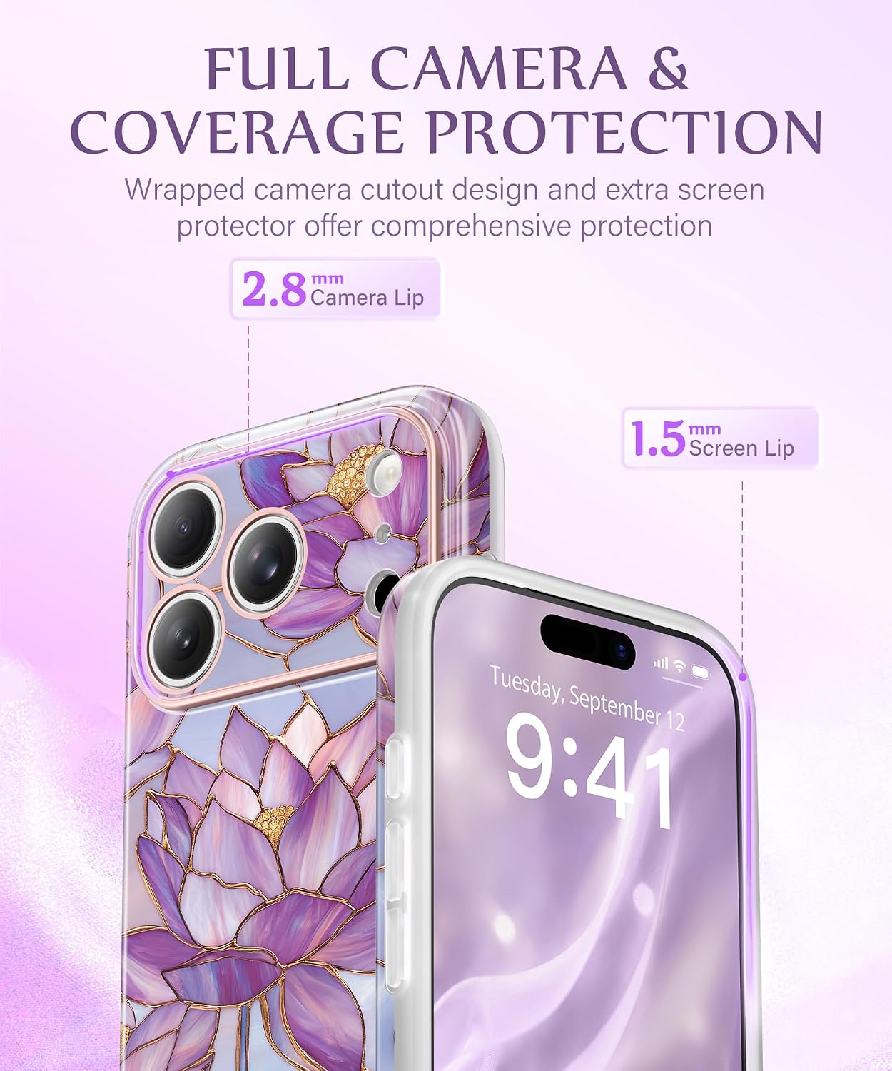 Detalle de GVIEWIN Lotuses/Purple iPhone Case for 17 Pro & 18 Pro, MagSafe, Camera Cover
