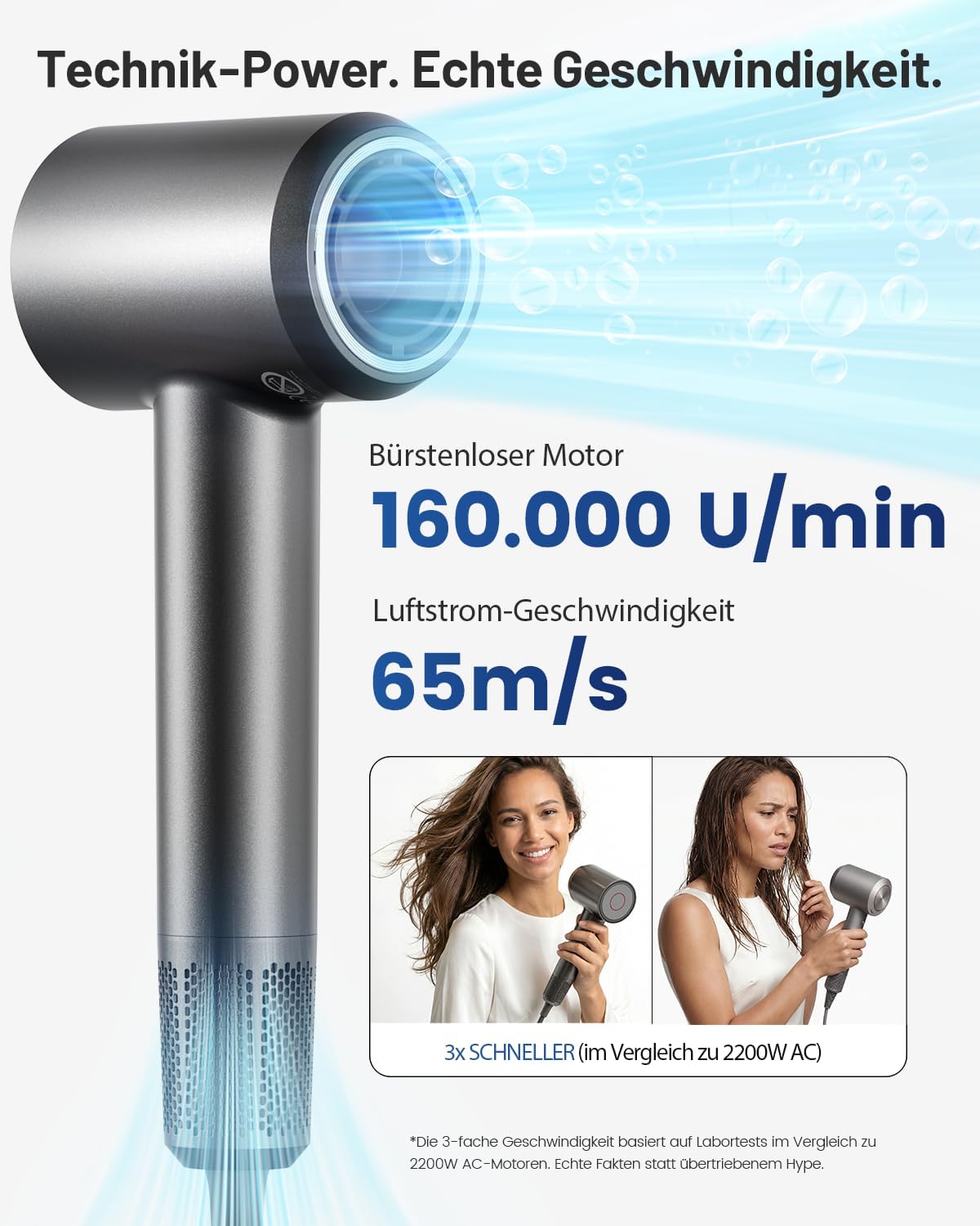 Detalle de BANNILU Föhn mit Diffusor – ultraleicht, 160.000 U/min, 65 m/s, Diffusor & Magnetaufsätze, 370 g