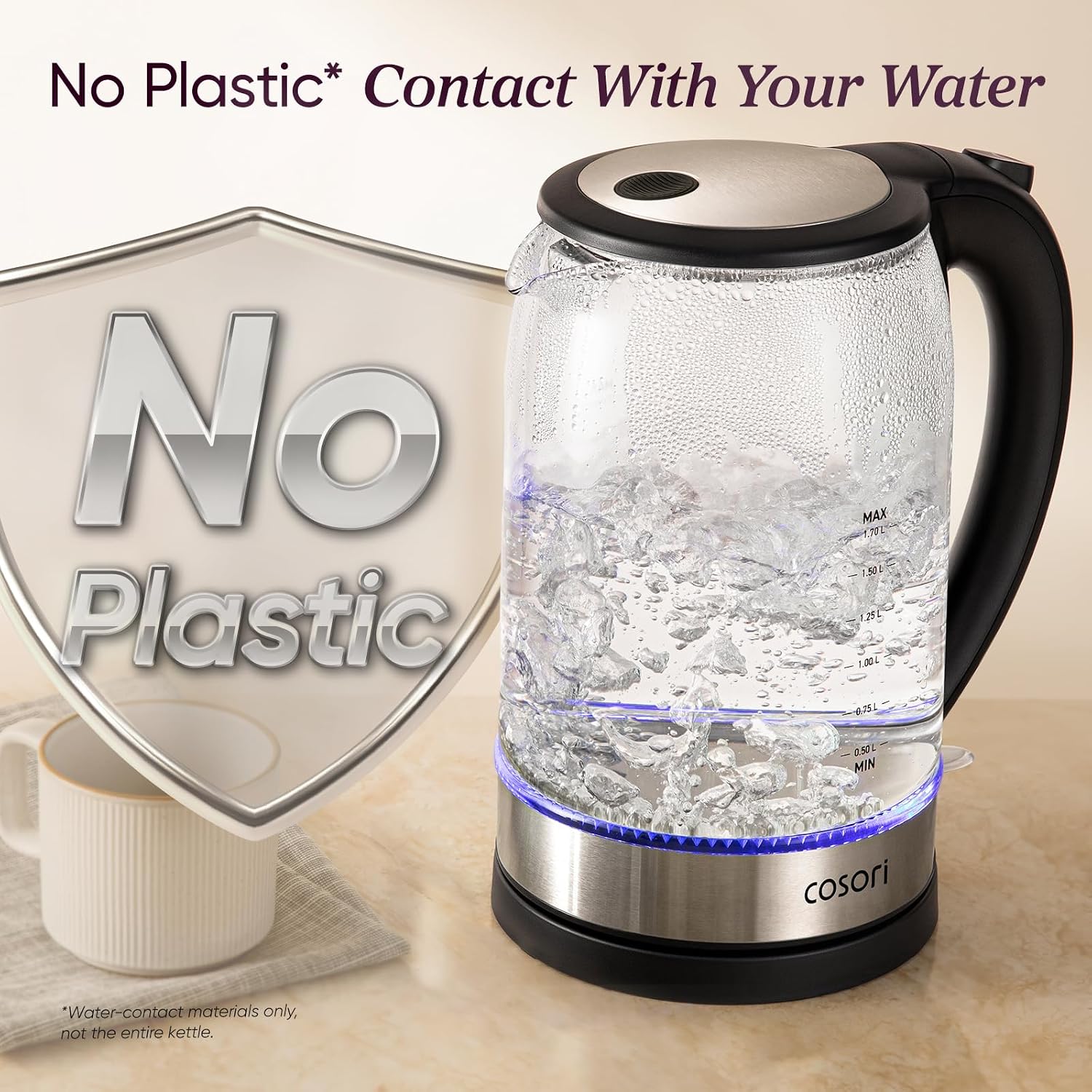 Detalle de Cosori CGK-G173-KCA Glass Electric Kettle, 1.7 L, 1500 W
