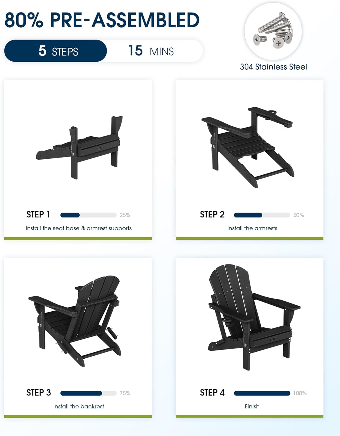 Thumbnail 5 de MUCHENGHY Folding Adirondack Chairs (Black) — Weather-Resistant Outdoor Patio Adirondack
