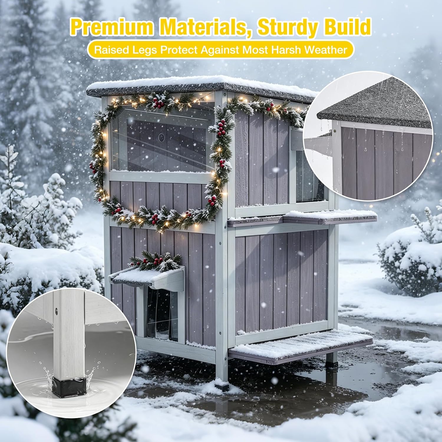Detalle 2 de Aivituvin L 2-Story Heated Outdoor Cat House, Insulated Fir Wood, Gray