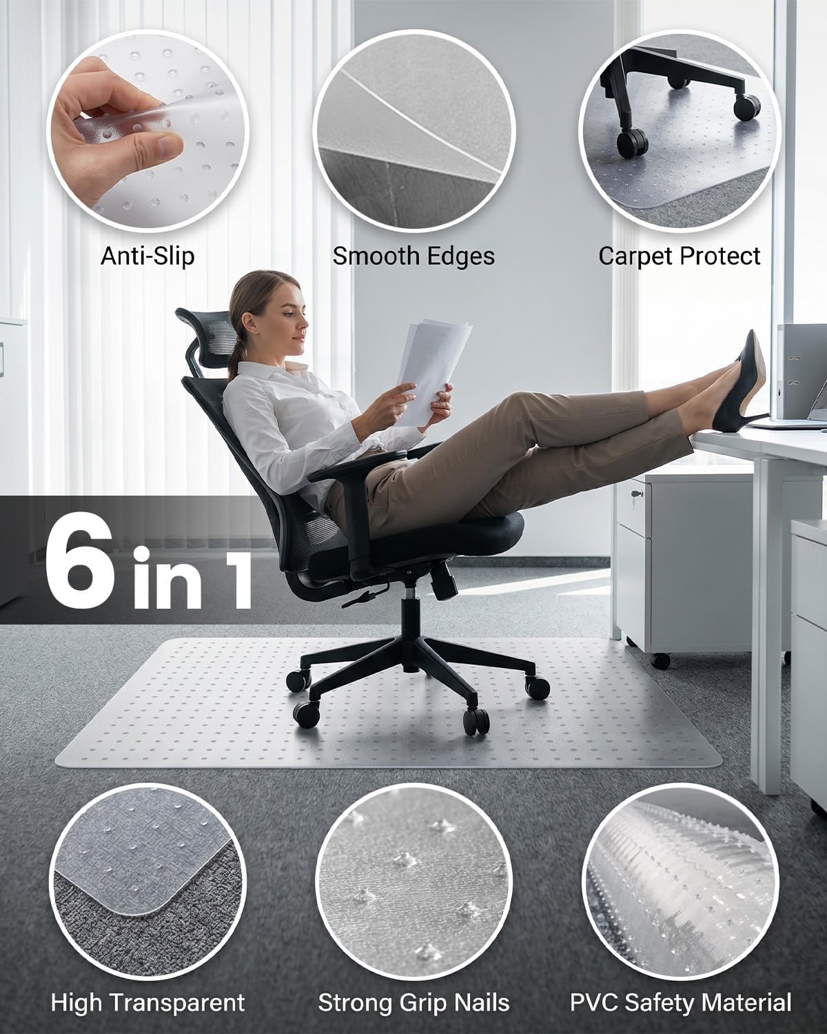 Thumbnail 1 de PVC Office Chair Mat for Carpet Floors 90x120 cm – Clear, Non-Slip, 2.2 mm Thick