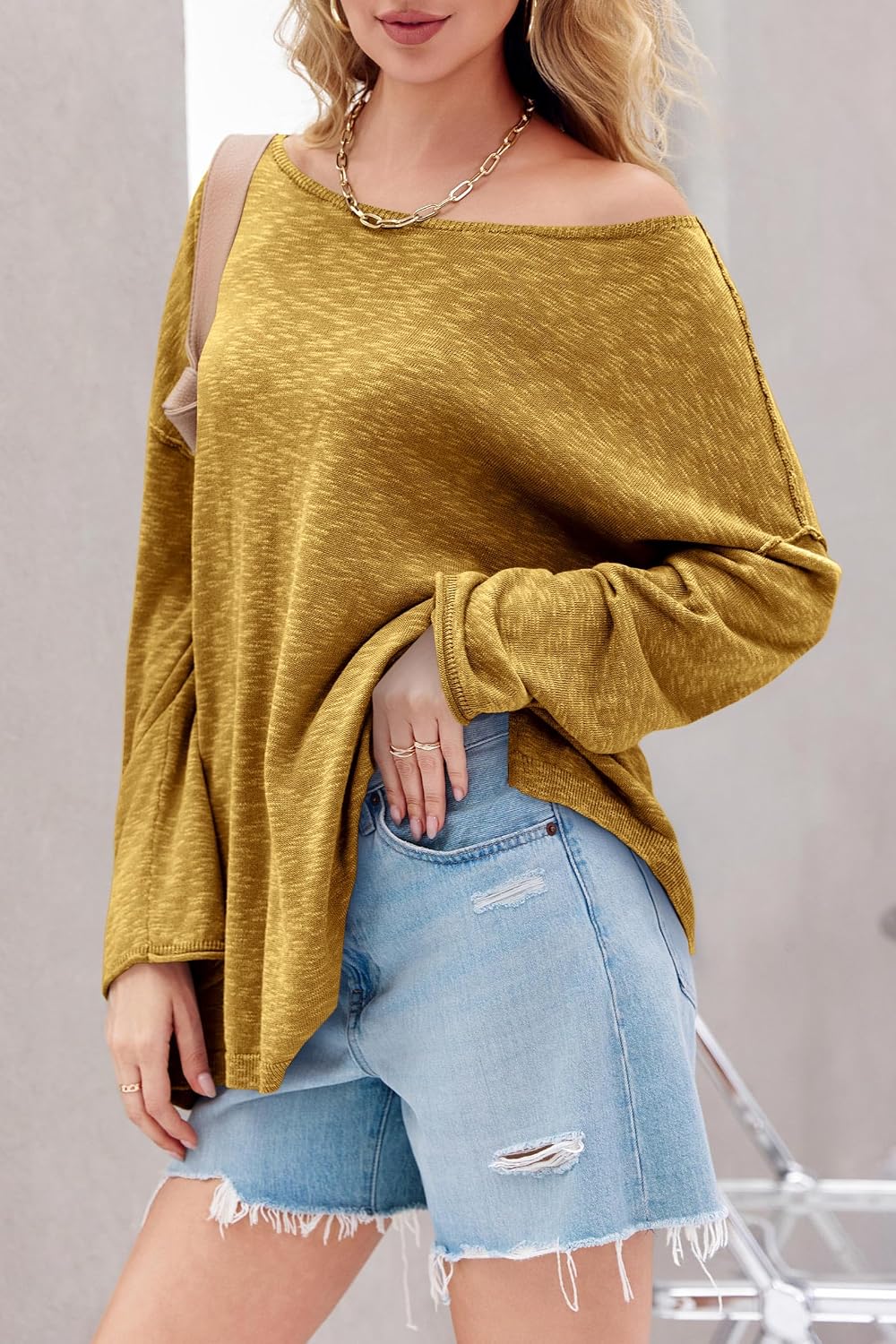 Detalle 1 de Tankaneo Oversized Long-Sleeve Knit Tunic Sweater, Cotton, Boat Neck, Side Slits