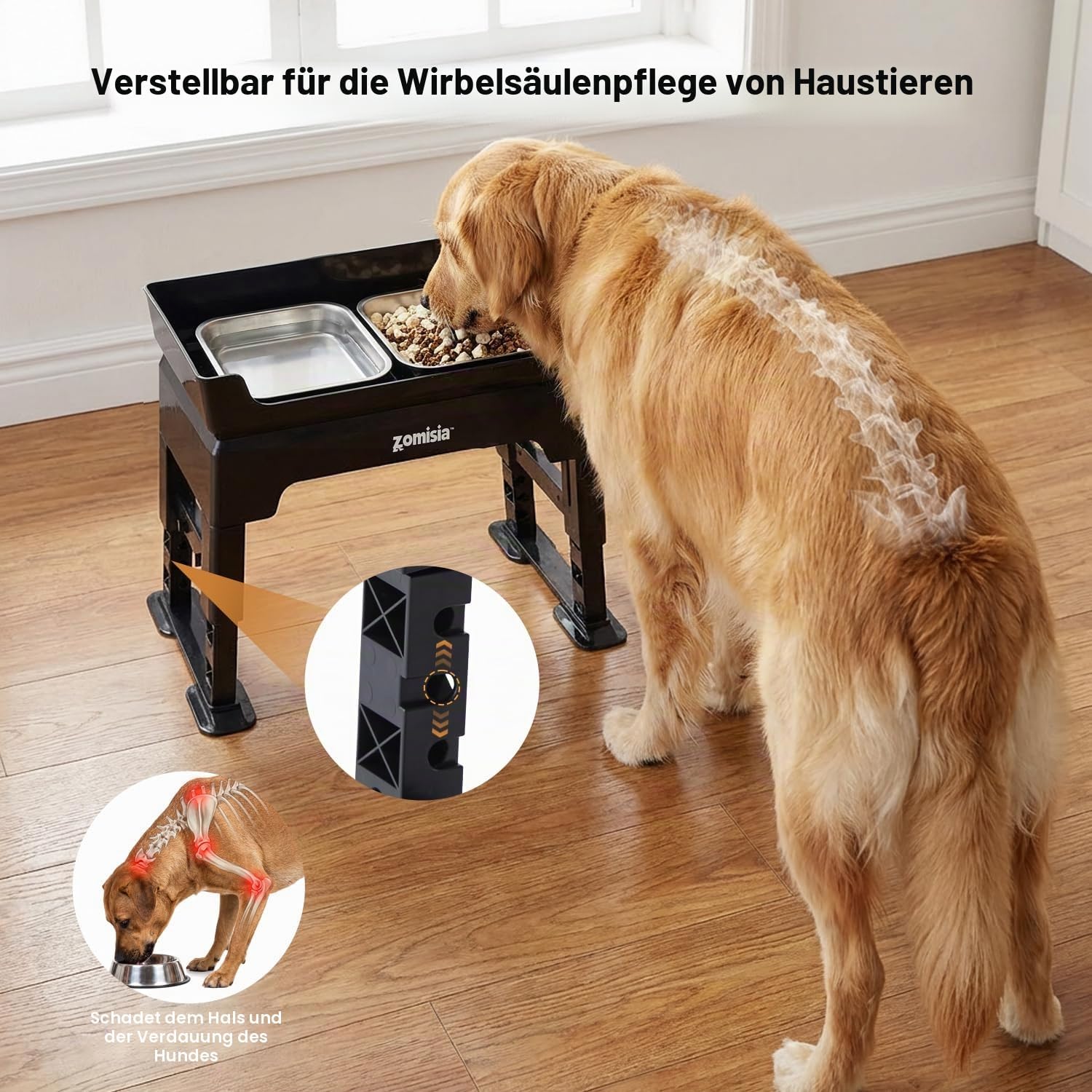 Detalle de ZOMISIA Hundenapf erhöht 6-fach höhenverstellbar (3-in-1) mit Slow-Feeder und 2 Edelstahlschalen, 1,6 l