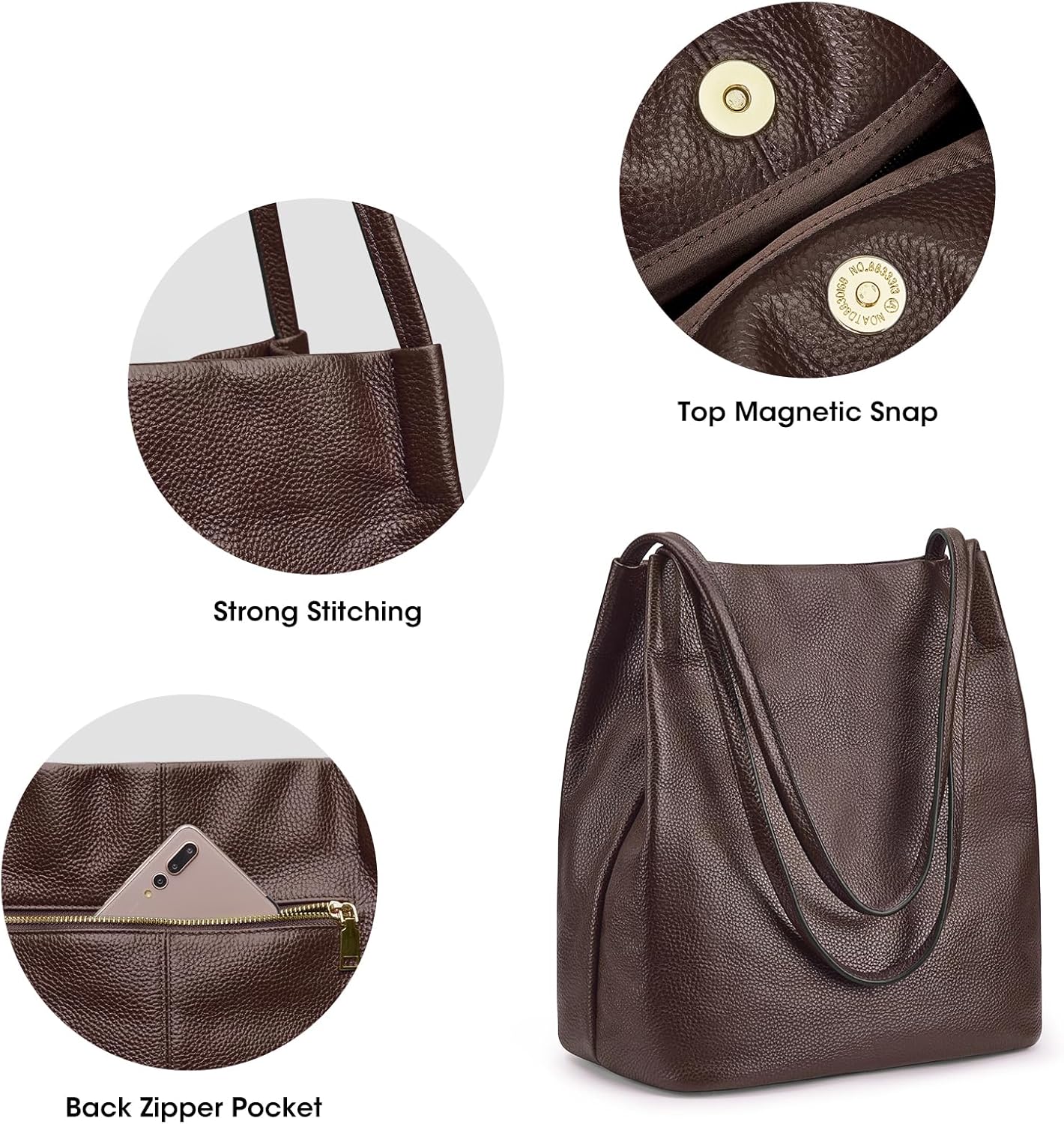 Thumbnail 4 de Kattee Sac à Bandoulière en Cuir Véritable Souple pour Femme – Rabat Magnétique