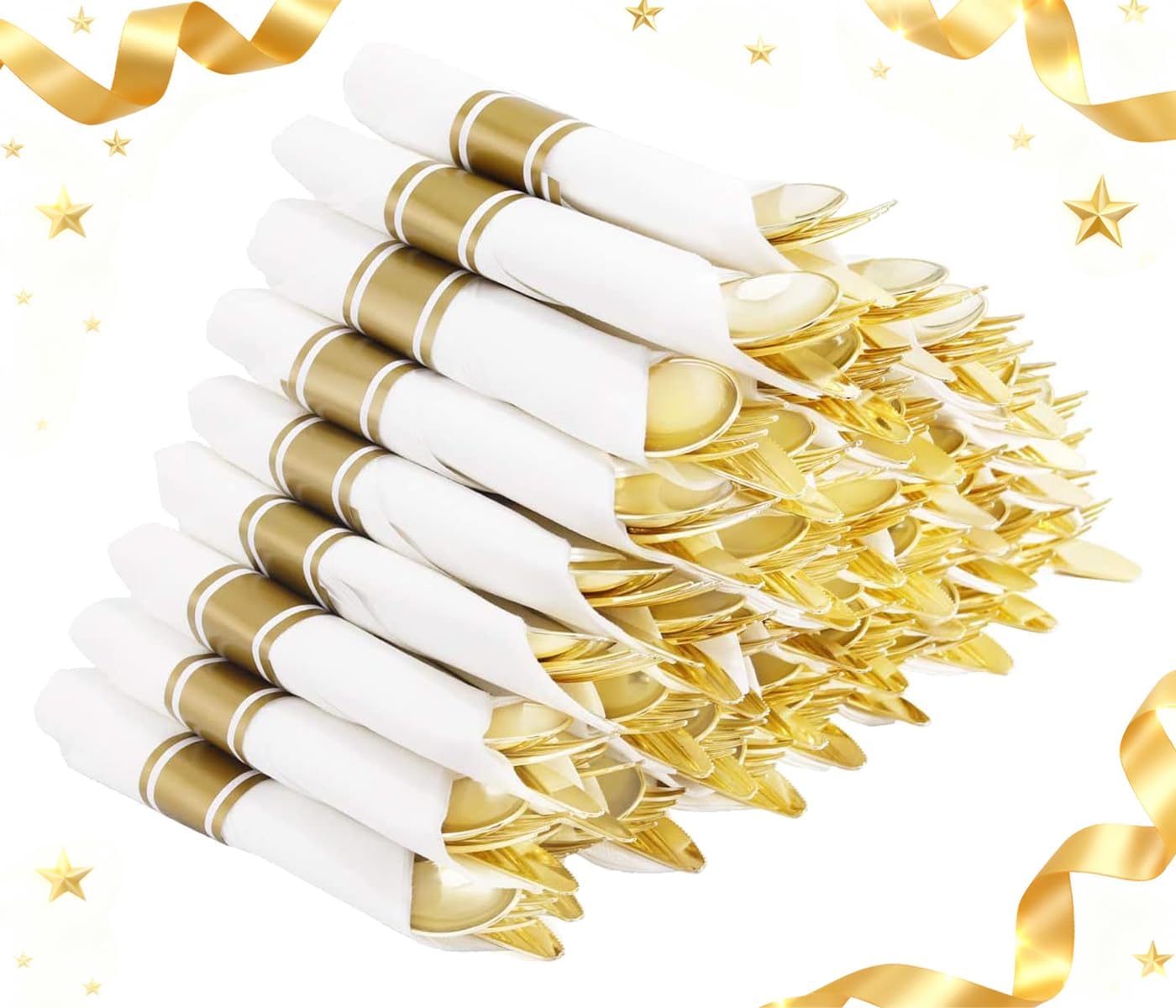 Detalle de Supernal 60 Pack Pre Rolled Napkins with Gold Plastic Silverware – Elegant Disposable Wrapped Cutlery Set for Weddings and Catering