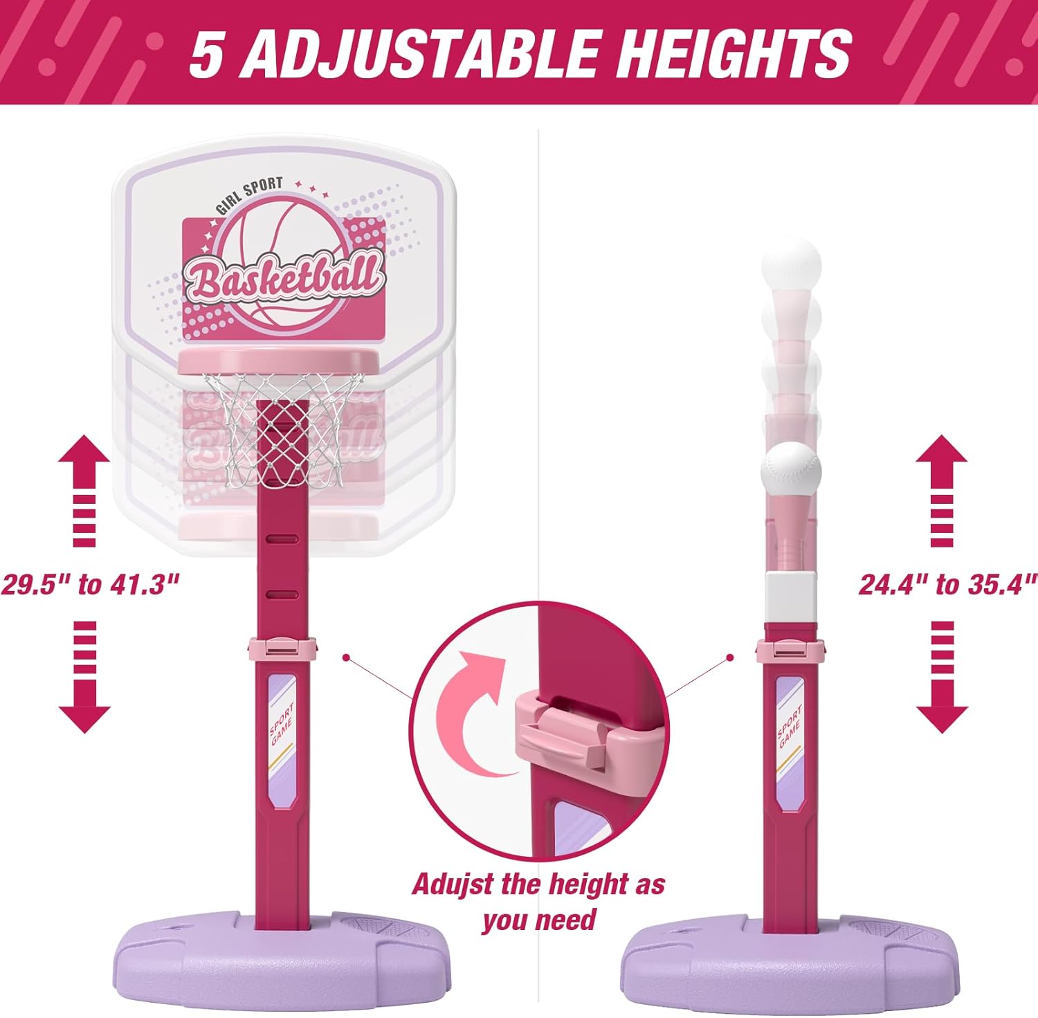 Detalle de HYES 2 in 1 Kids Basketball Hoop and T‑Ball Set, Adjustable