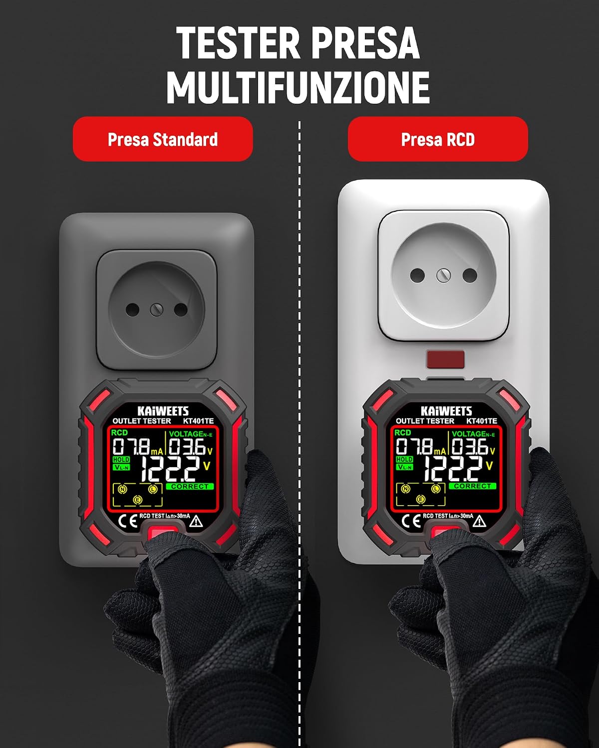Thumbnail 6 de KAIWEETS Tester per prese 7-in-1 con test RCD e display LCD a colori, misurazione tensione e dispersione, 200–250 V, CAT II 300 V