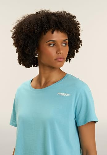 Detalle de FREDDY T-Shirt Cropped Manica Corta con Piccolo Logo Donna – Azzurro, Large