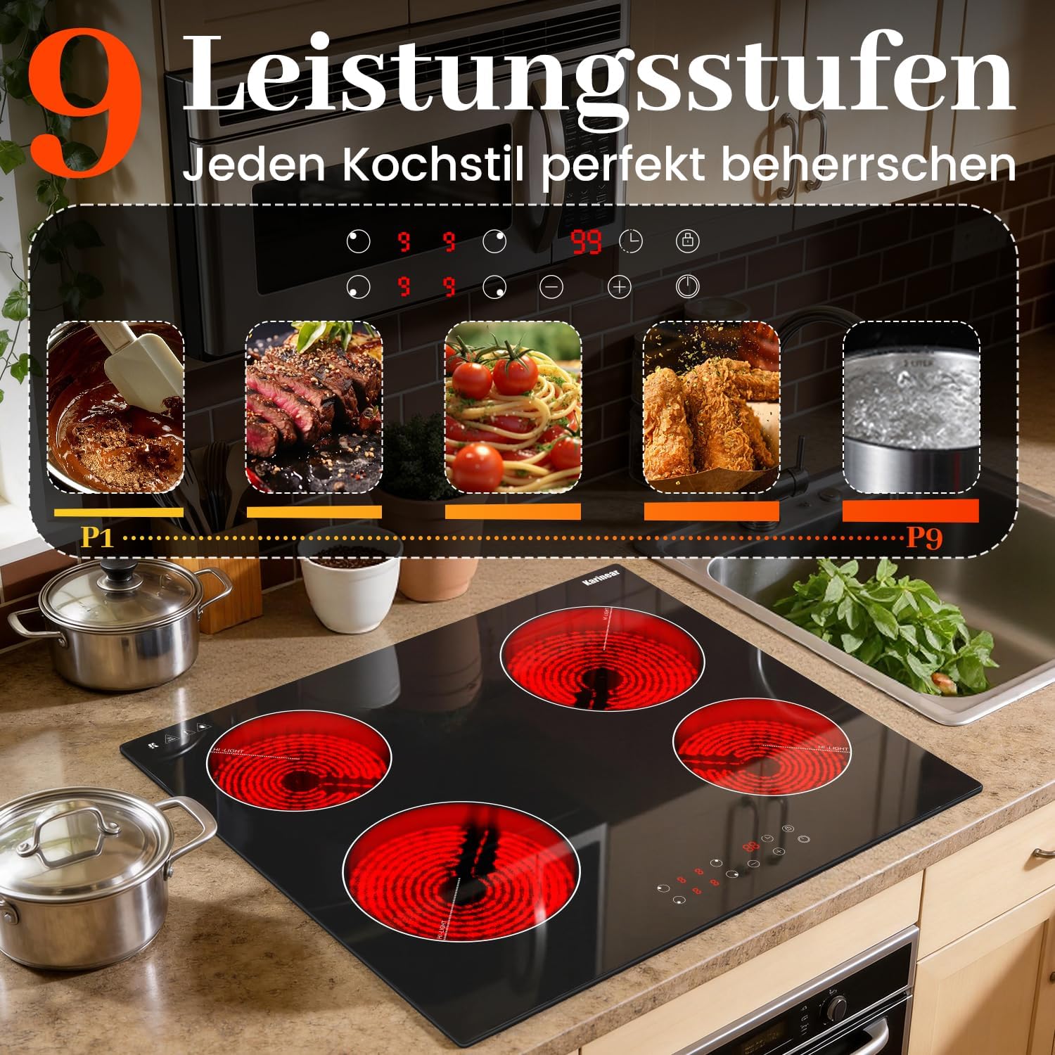 Detalle de Karinear Glaskeramikkochfeld 4 Platten 60 cm – 6000 W Autarkes Einbaukochfeld mit Touch-Steuerung