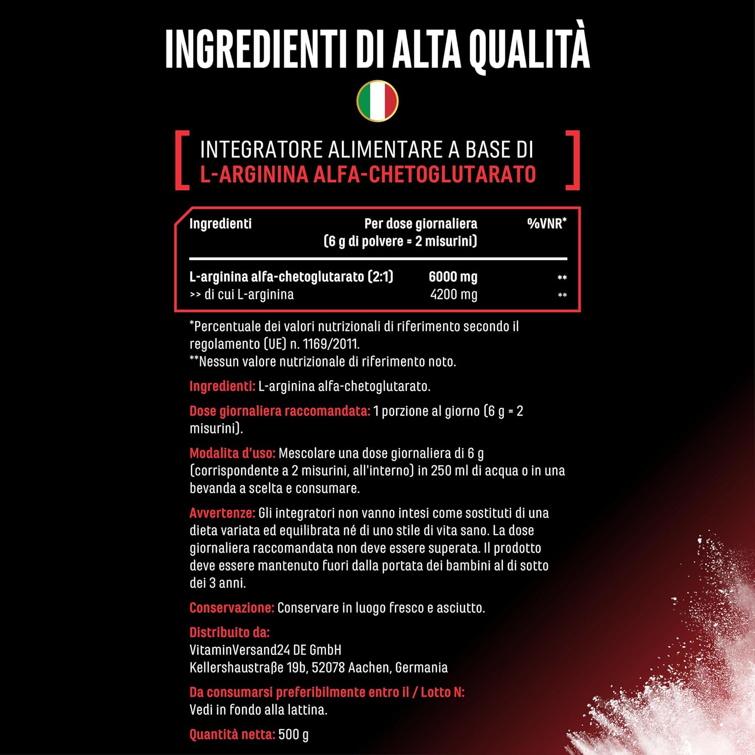 Detalle de GEN German Elite Nutrition AAKG 2:1 in polvere vegana (500 g) – L-arginina alfa-cheto glutarato