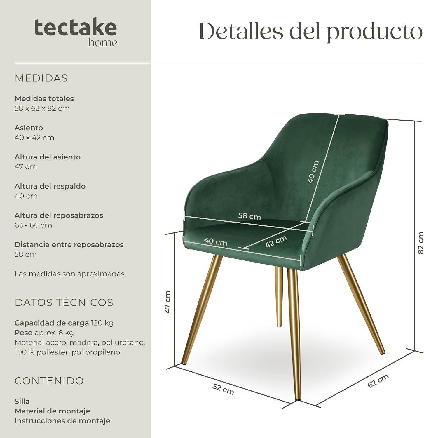 Thumbnail 2 de tectake® Silla tapizada terciopelo verde oscuro