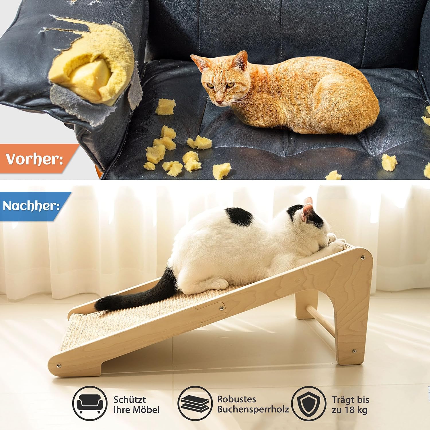 Detalle de PETKARAY Kratzbrett Katze (L-förmig) 68 cm – Sisal-Kratzpad für Wand & Ecke, mit Katzenminze und Mausspielzeug
