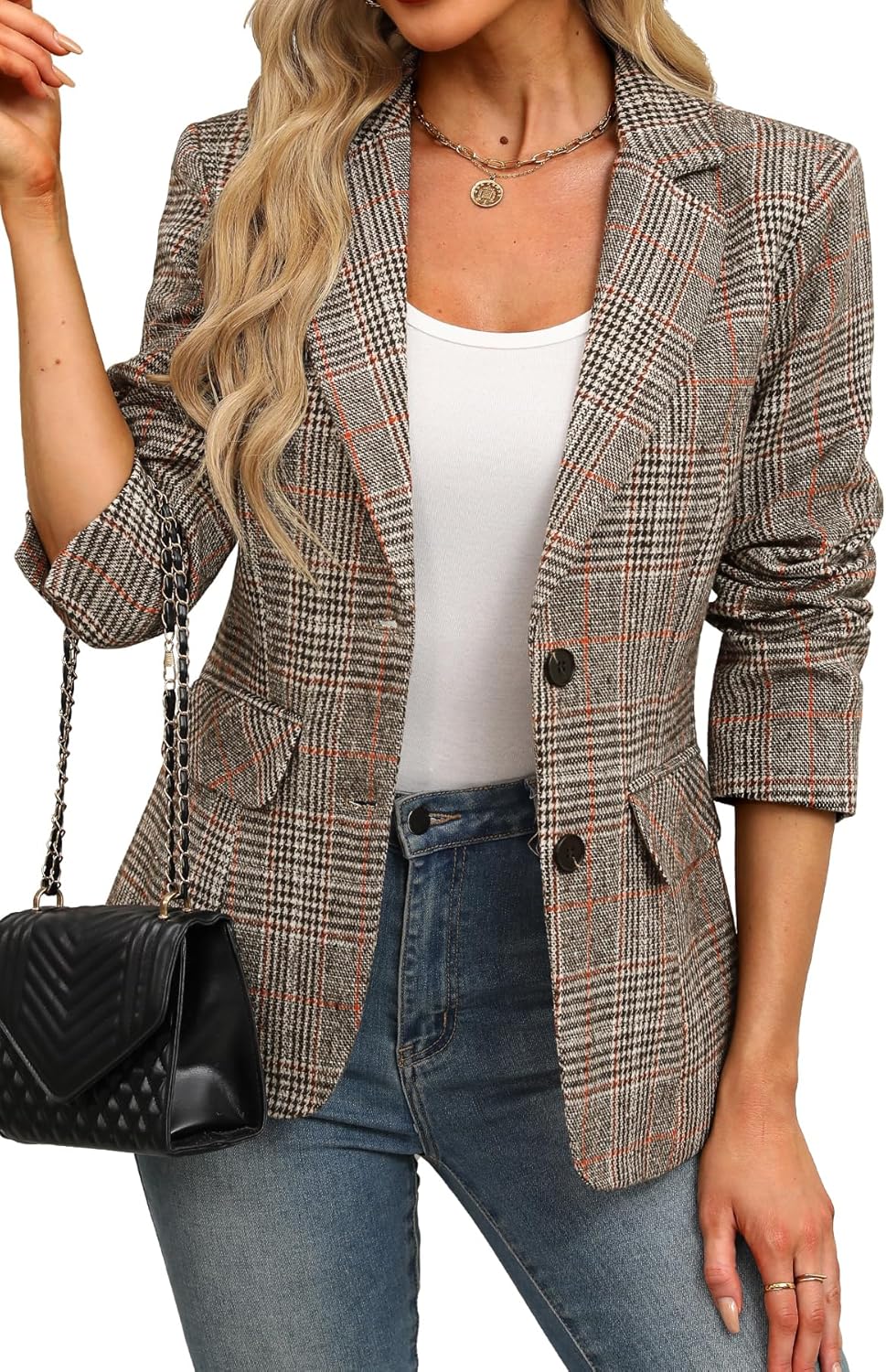 Thumbnail 6 de ELLEVEN Women's Plaid Lapel Blazer with 2 Buttons