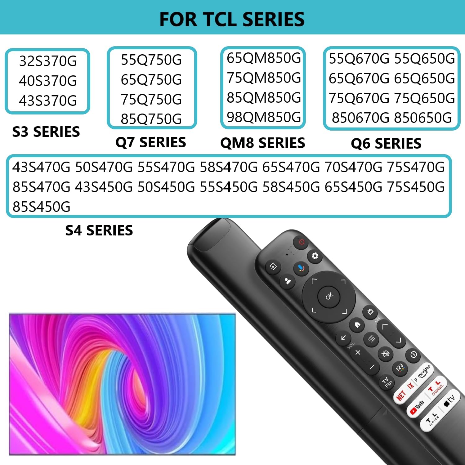 Detalle 2 de Replacement RC813 Voice Remote for TCL Google TV (Q6, Q7, QM8, S3, S4, Q570G, Q550G, S45G, S550G Series)