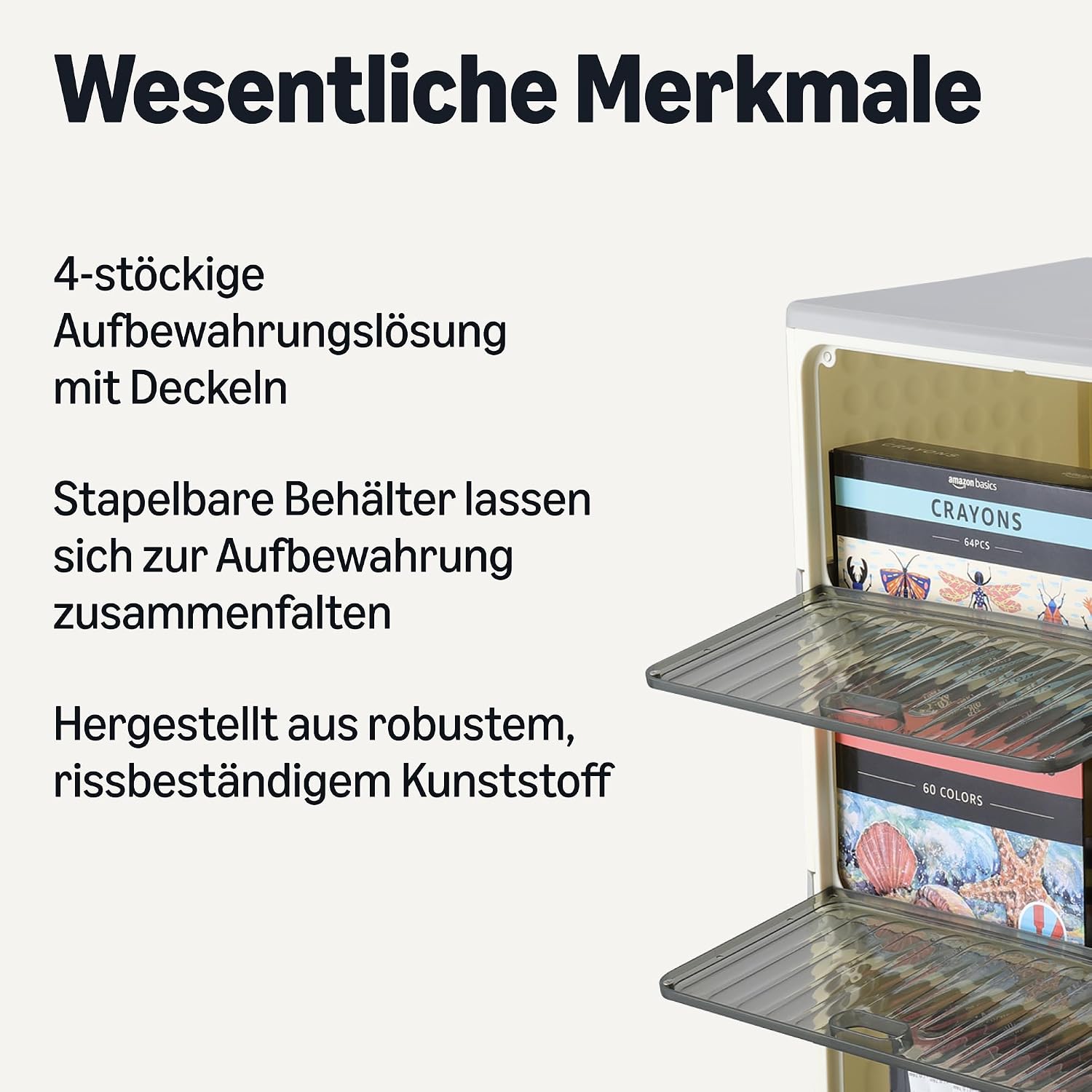 Detalle de Amazon Basics Stapelbare 4-Etagen Aufbewahrungsbehälter mit Rollen – 86,8 L Gesamtvolumen