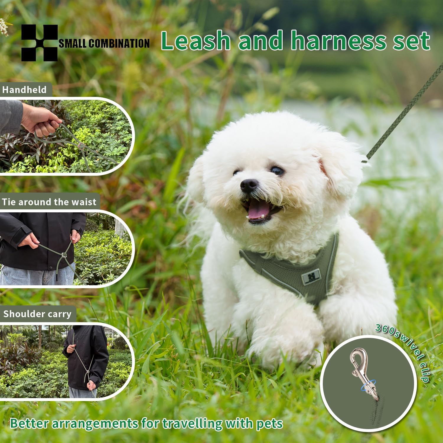 Thumbnail 4 de Small Combination Small Combination dog harness & leash set (Army Green) – Adjustable reflective step-in for small/medium pets, size XXS