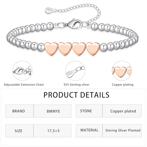 Thumbnail 2 de BMMYE 40th Birthday Silver Bead Bracelet with Rose Gold Hearts – Adjustable Sterling Silver Gift