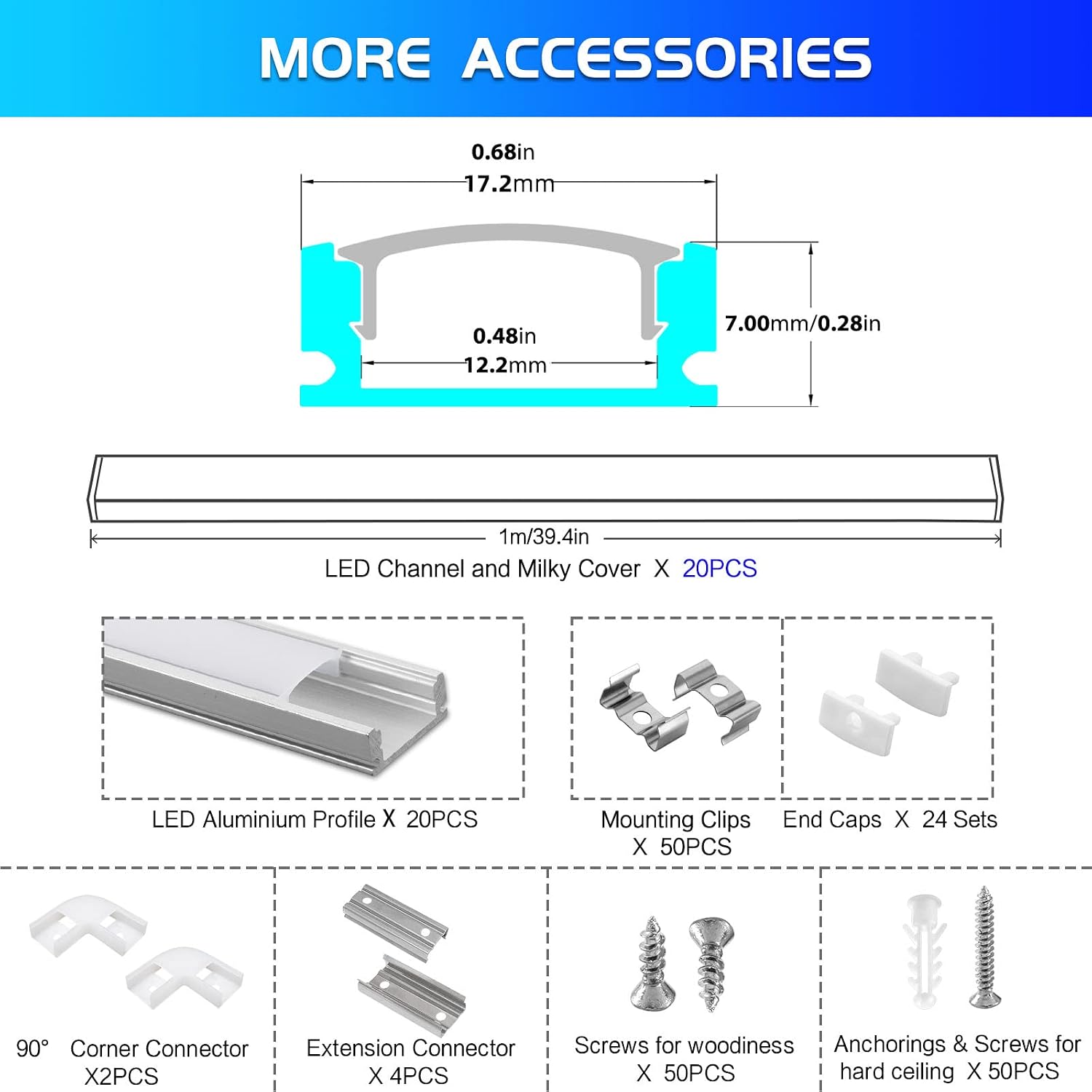 Thumbnail 1 de 20er-Set LED-Profil Aluminium (U-Form) 20 x 1 m mit milchiger Abdeckung – für LED-Strips