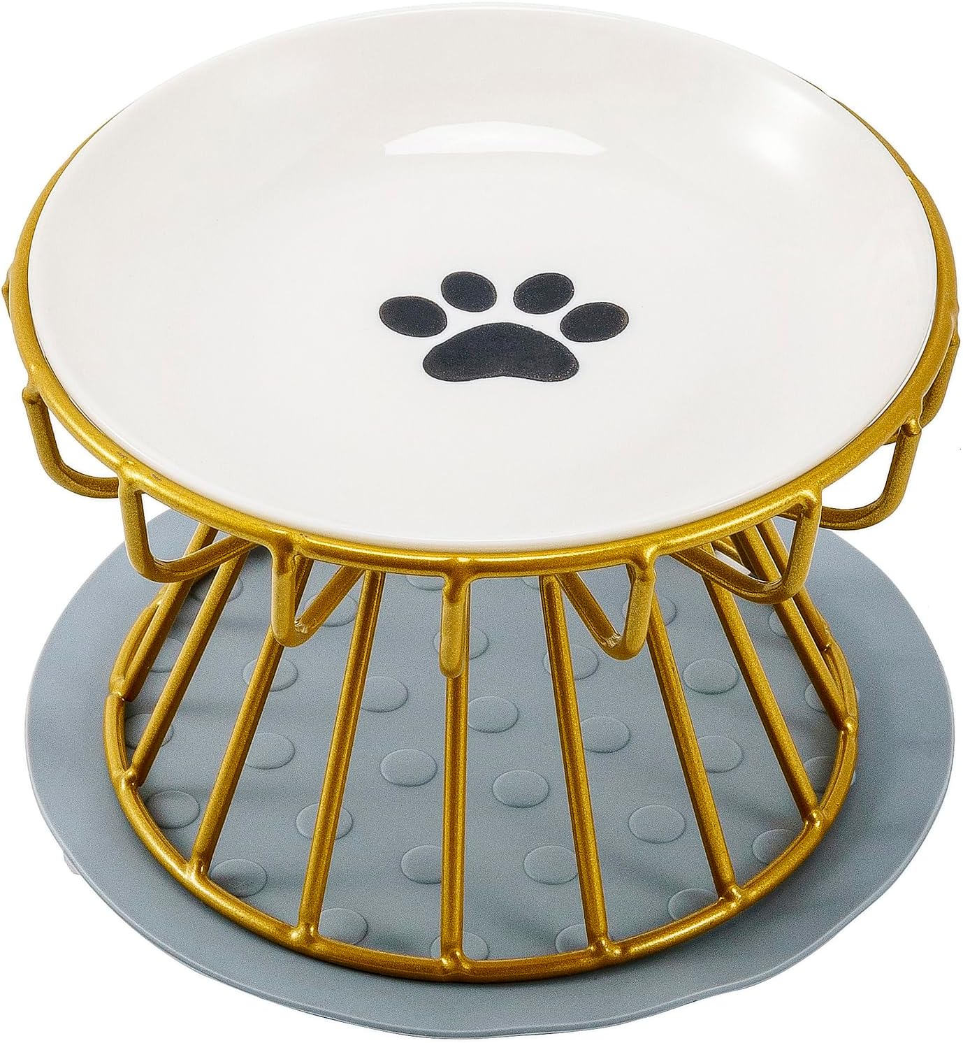 All-Pie Ceramic cat bowl with iron stand and anti-slip pad (Gold stand + cat paw dish)