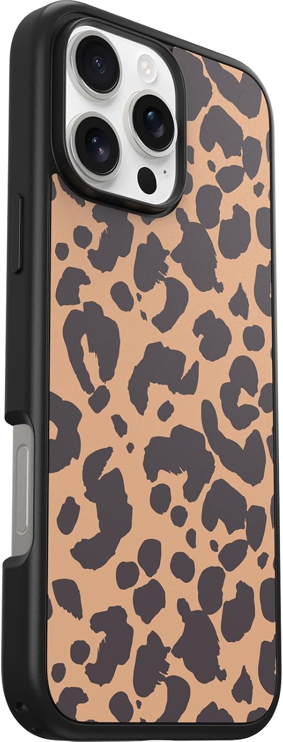 Detalle de OtterBox Symmetry Series MagSafe per iPhone 16 Pro Max: custodia ultrasottile con protezione antiurto e stile animal print