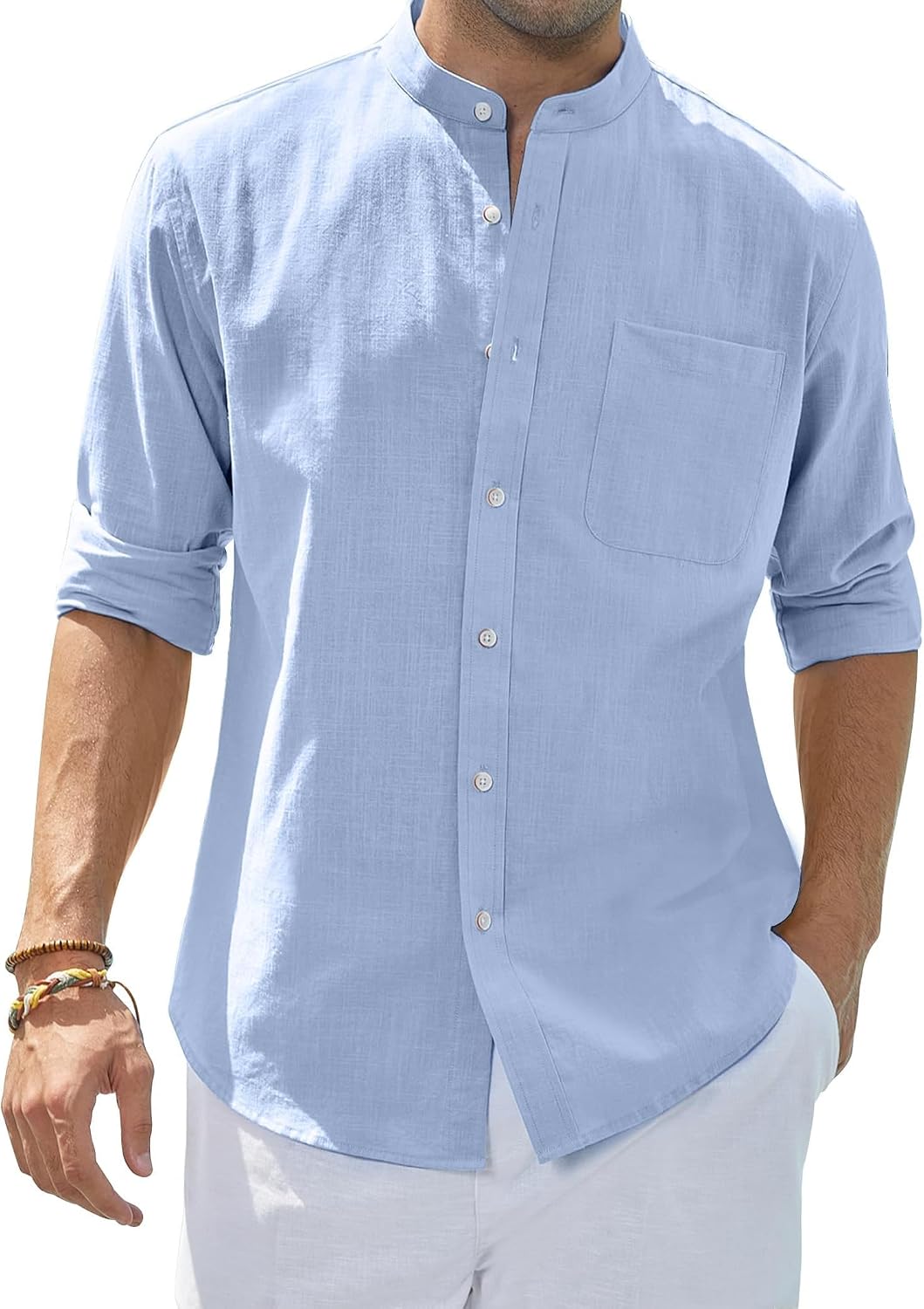 Thumbnail 5 de Siliteelon Men's Grandad Collar Long Sleeve Linen Shirt with Pocket – Regular Fit