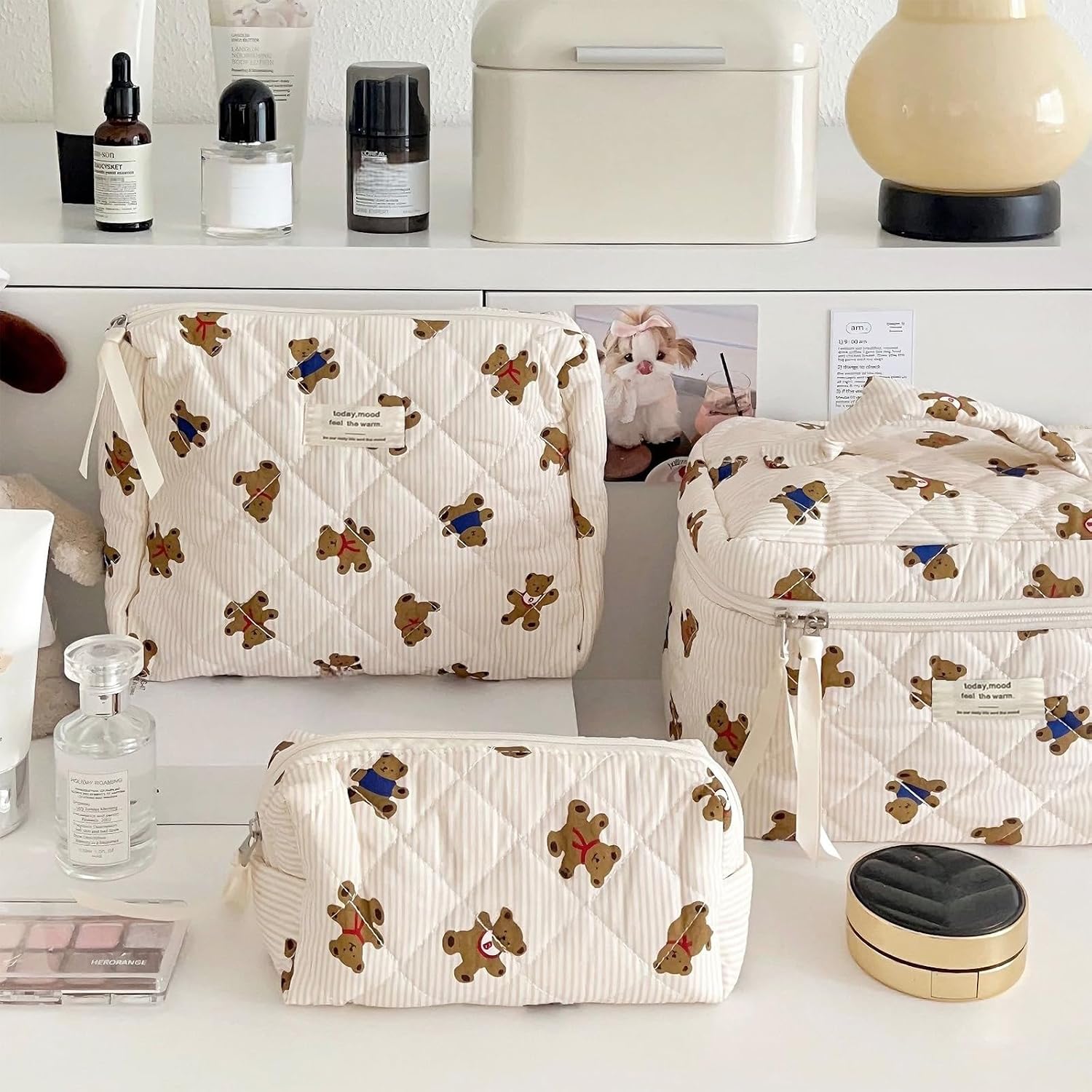 Thumbnail 6 de Aucuu Beauty Case 3 Pezzi Floreale Grande Capacità: Borse da Toilette trapuntate in cotone morbido