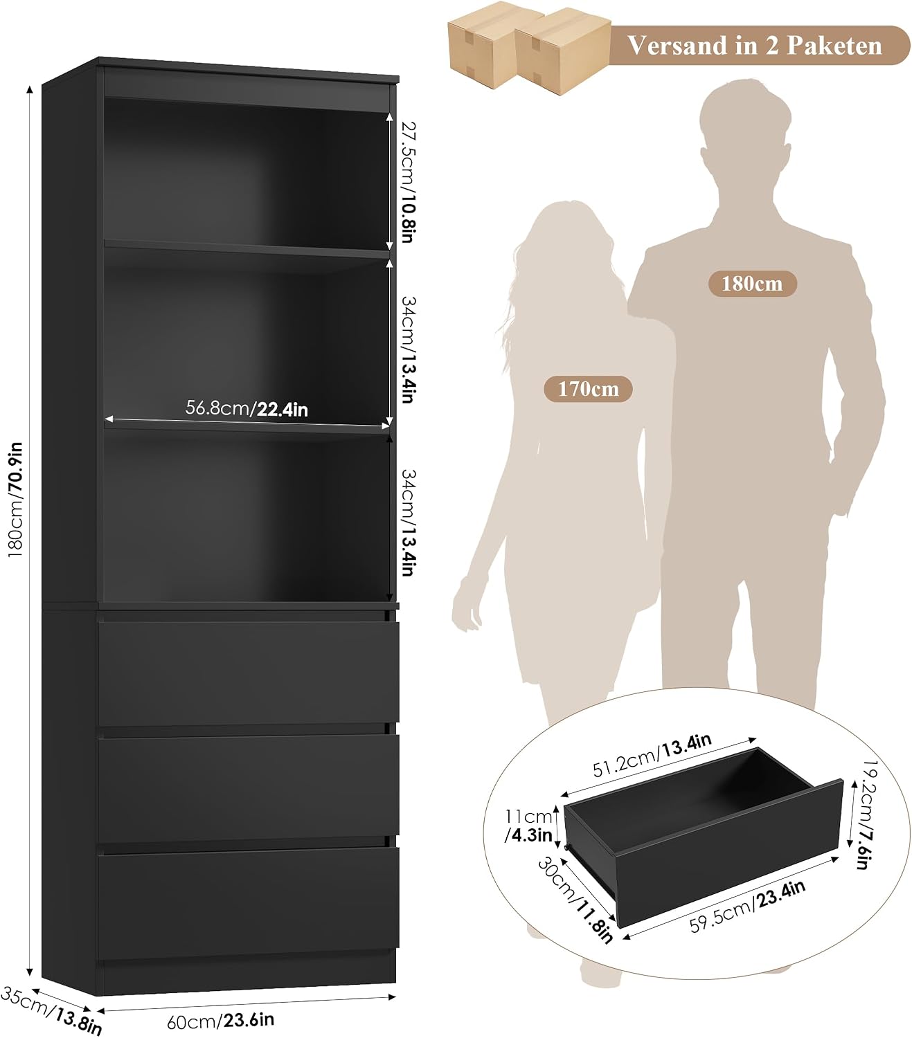 Detalle de FirFurd P781 Tall Bookcase, 180 cm, with 3 Drawers and Open Shelves