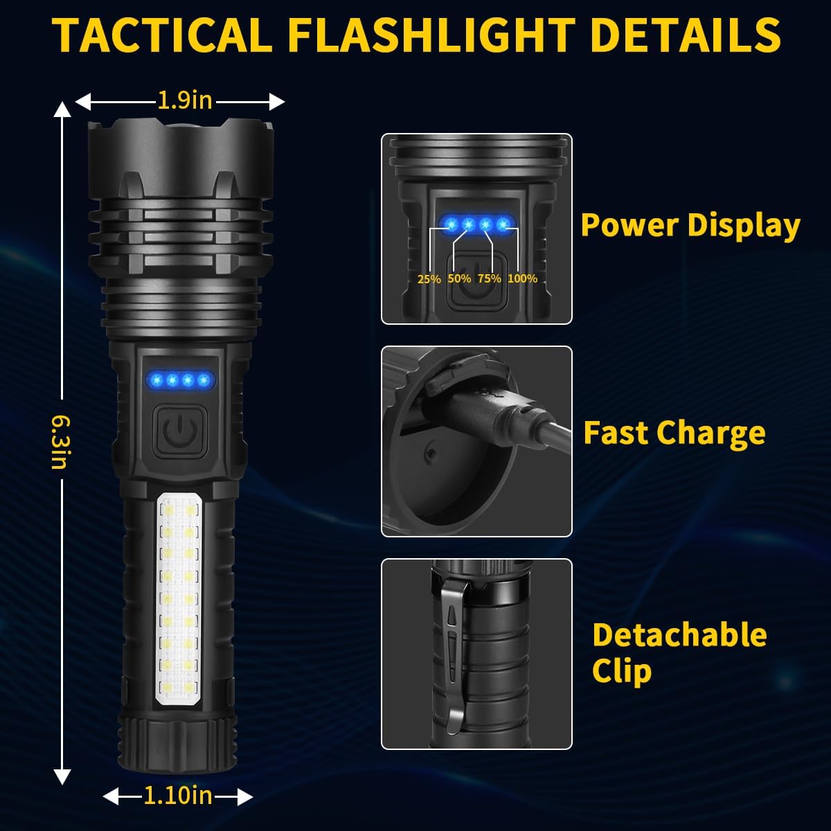 Detalle de ZioeYiue Rechargeable Flashlights (7 Modes) High-Lumen LED Tactical Torch for Home, Emergency, Camping & Hunting