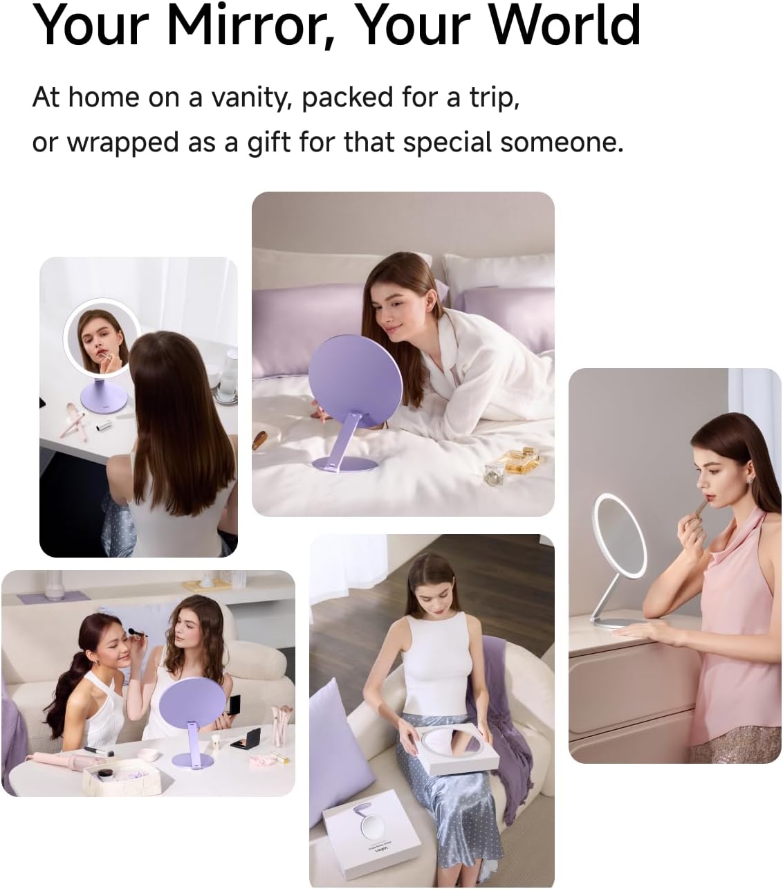 Detalle 2 de Laifen Lighted Makeup Mirror, Lavender Purple, 64 LEDs, 3 Colour Modes