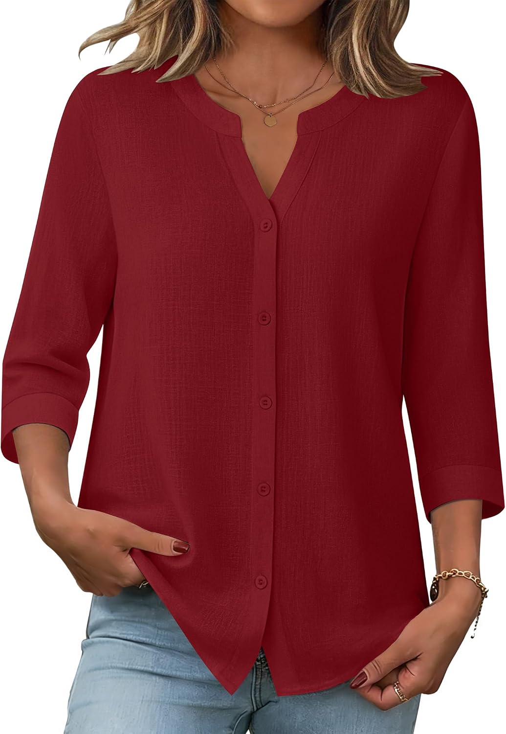 Detalle de Zeagoo Women’s Linen-Cotton Button-Down 3/4 Sleeve Top