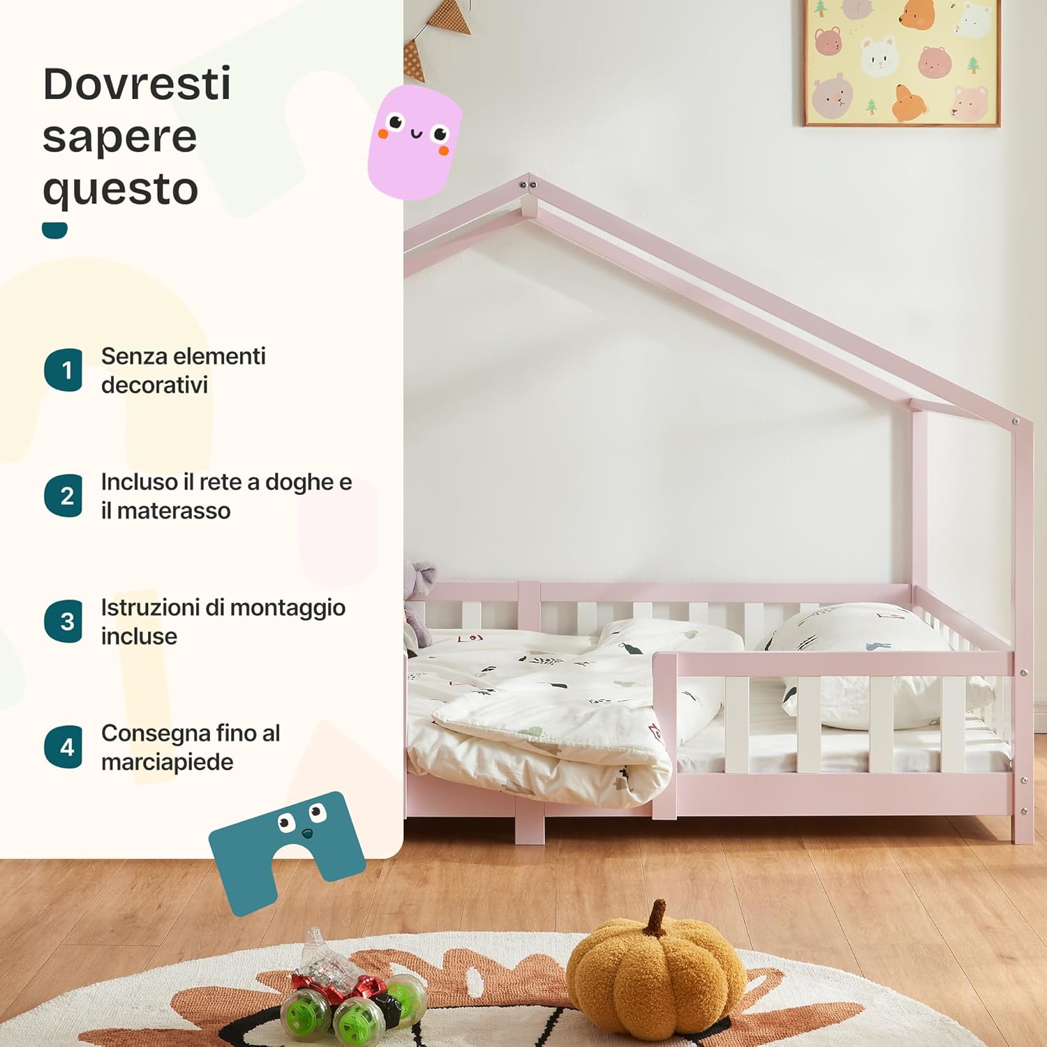 Thumbnail 4 de Letto per Cameretta Singolo a Forma di Casetta con Barriera in Legno di Pino e Materasso in Schiuma Fredda 90x200 cm Rosa/Bianco