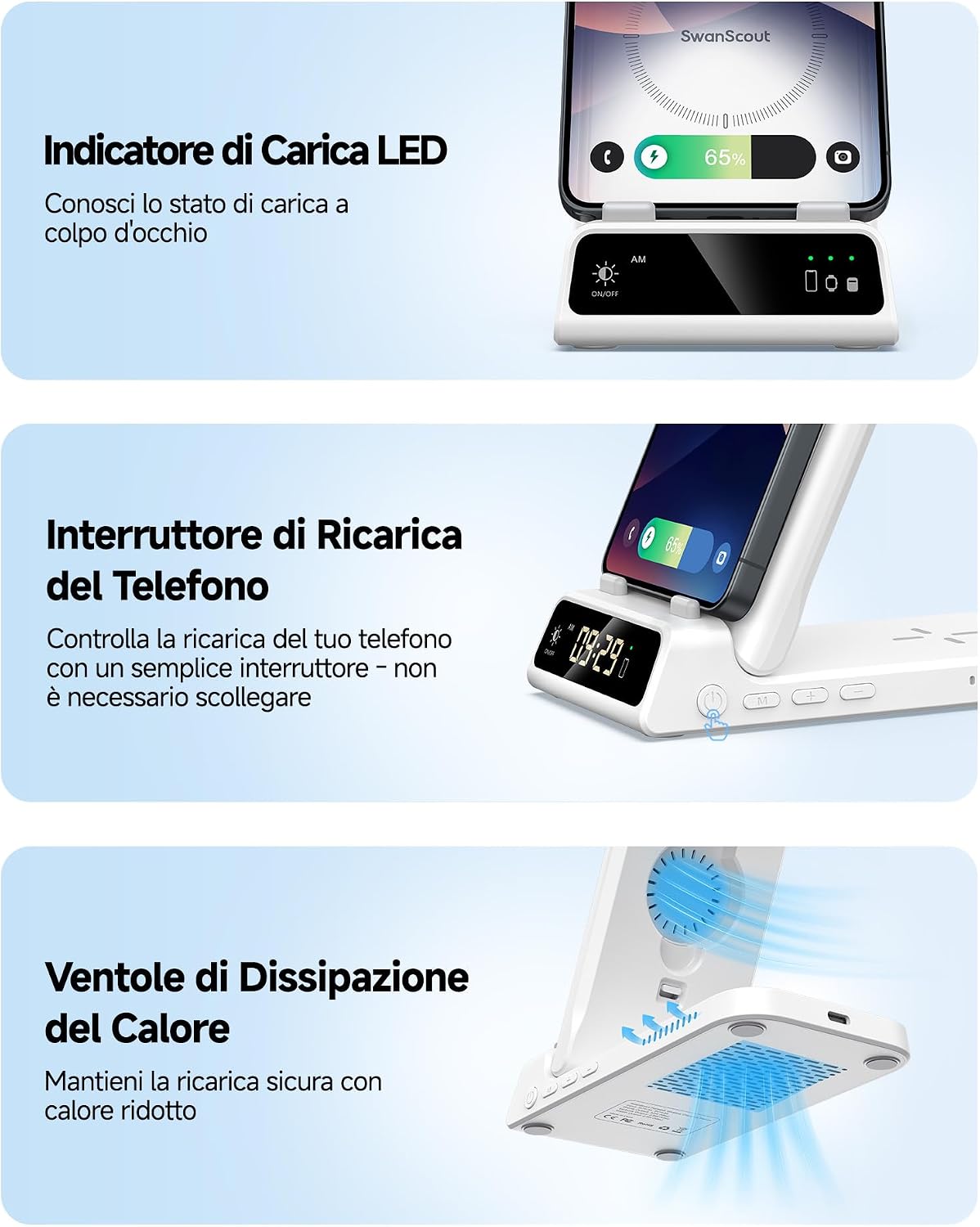 Detalle de Stazione di Ricarica Wireless 3-in-1 SwanScout 703S per Samsung S26 Ultra – Ricarica Galaxy Watch e Buds