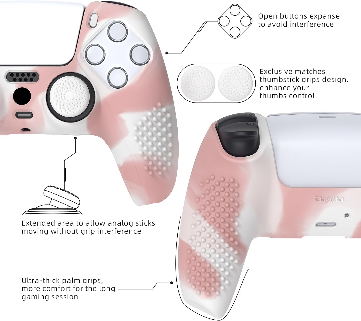 Detalle de eXtremeRate PlayVital 3D Studded Edition anti-slip silicone cover skin for PS5 controller (Pink & White)