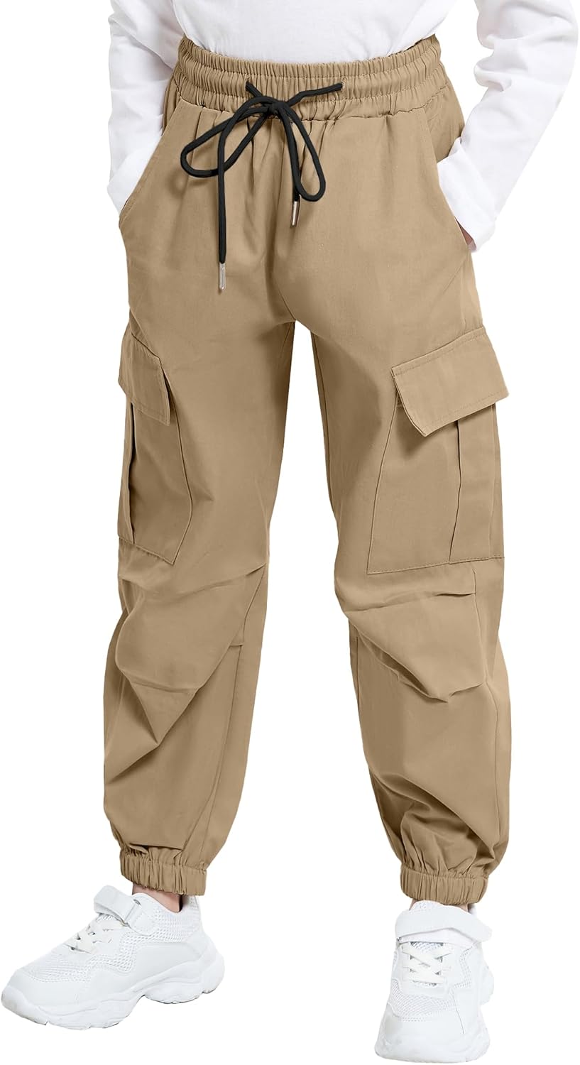 Detalle 2 de JiAmy Girls Cargo Trousers with Elastic Waist – Casual Baggy Parachute Pants for 5–14 Years