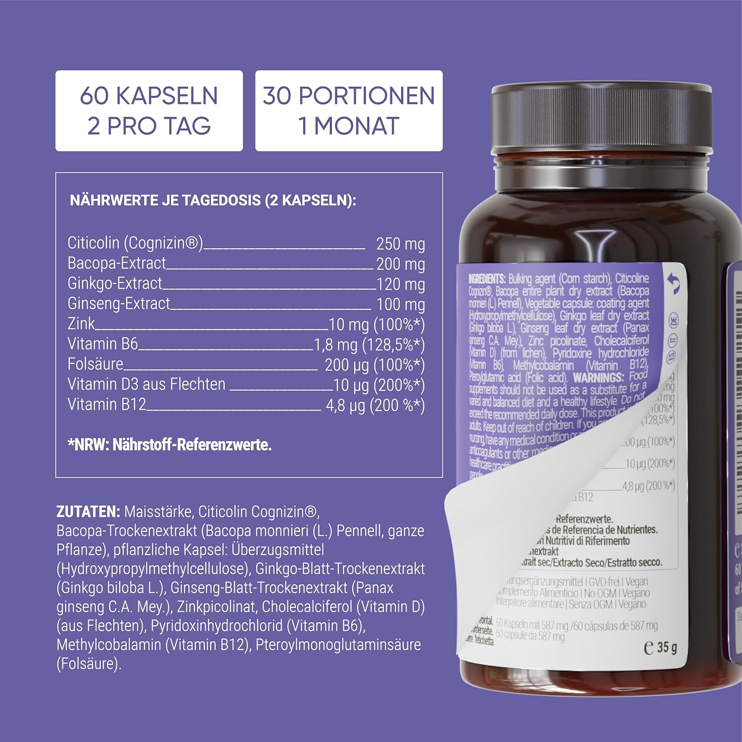 Thumbnail 6 de Nullure Memory & Focus Konzentration Complex – Nootropisches Supplement mit Citicolin CDP Cholin, Ginkgo, Bacopa & mehr (60 Kapseln)