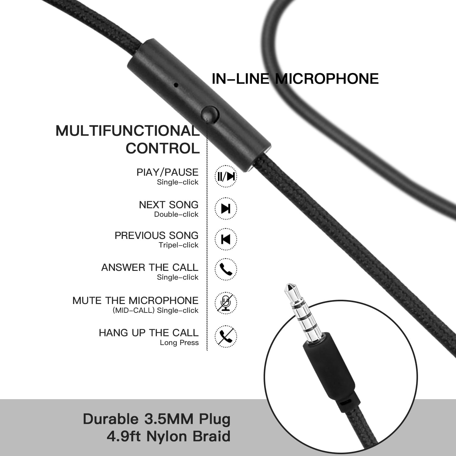 Detalle de Olyre Kids Headphones Wired with Microphone, 3.5mm Jack, Lightweight Foldable, Black