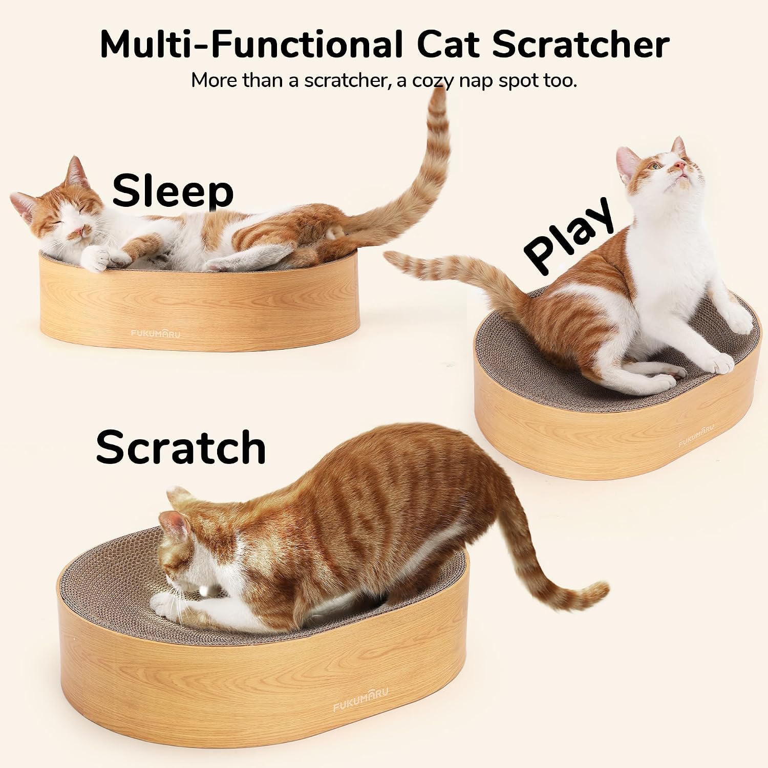 Detalle 2 de FUKUMARU Cat Scratcher Cardboard Lounge Bed (2-in-1 oval scratch pad) in wood colour
