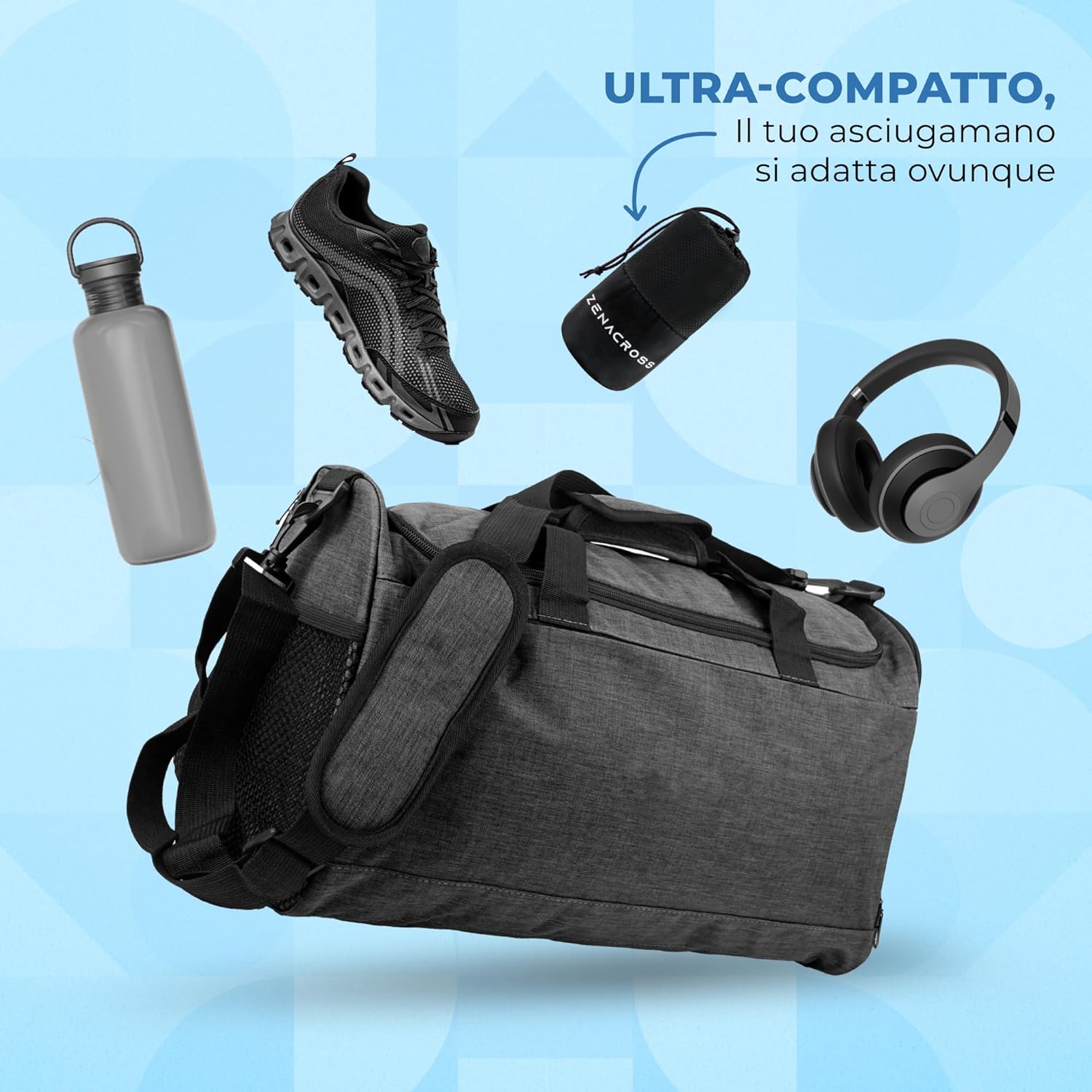 Thumbnail 2 de Zenacross Asciugamano Palestra con Borsa per il Trasporto - Microfibra Ultra-rapida 100 x 50 cm, Nero