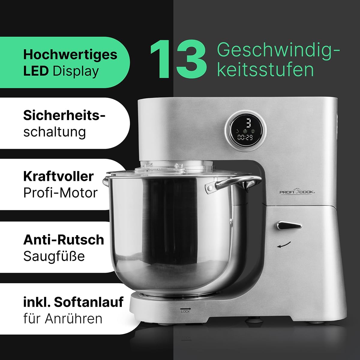 Detalle 2 de ProfiCook PC KM 1254, robot kuchenny z misą 12 l, 2500 W i 12 prędkościami