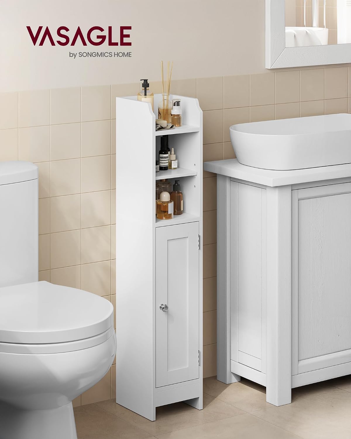 Detalle 2 de VASAGLE SIREN BBC311W01 Slim Bathroom Cabinet, Cloud White, Adjustable Shelves