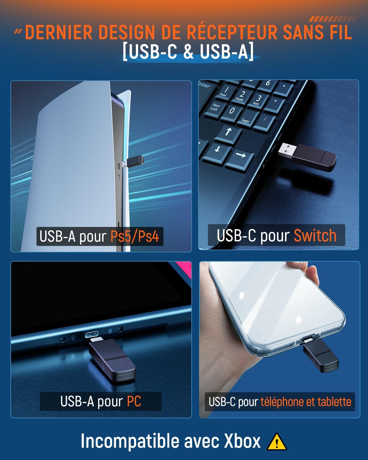 Thumbnail 6 de Tatybo WT5 Casque gaming sans fil 2,4 GHz (USB-A/USB-C) pour PC, PS5/PS4, Switch + micro ENC