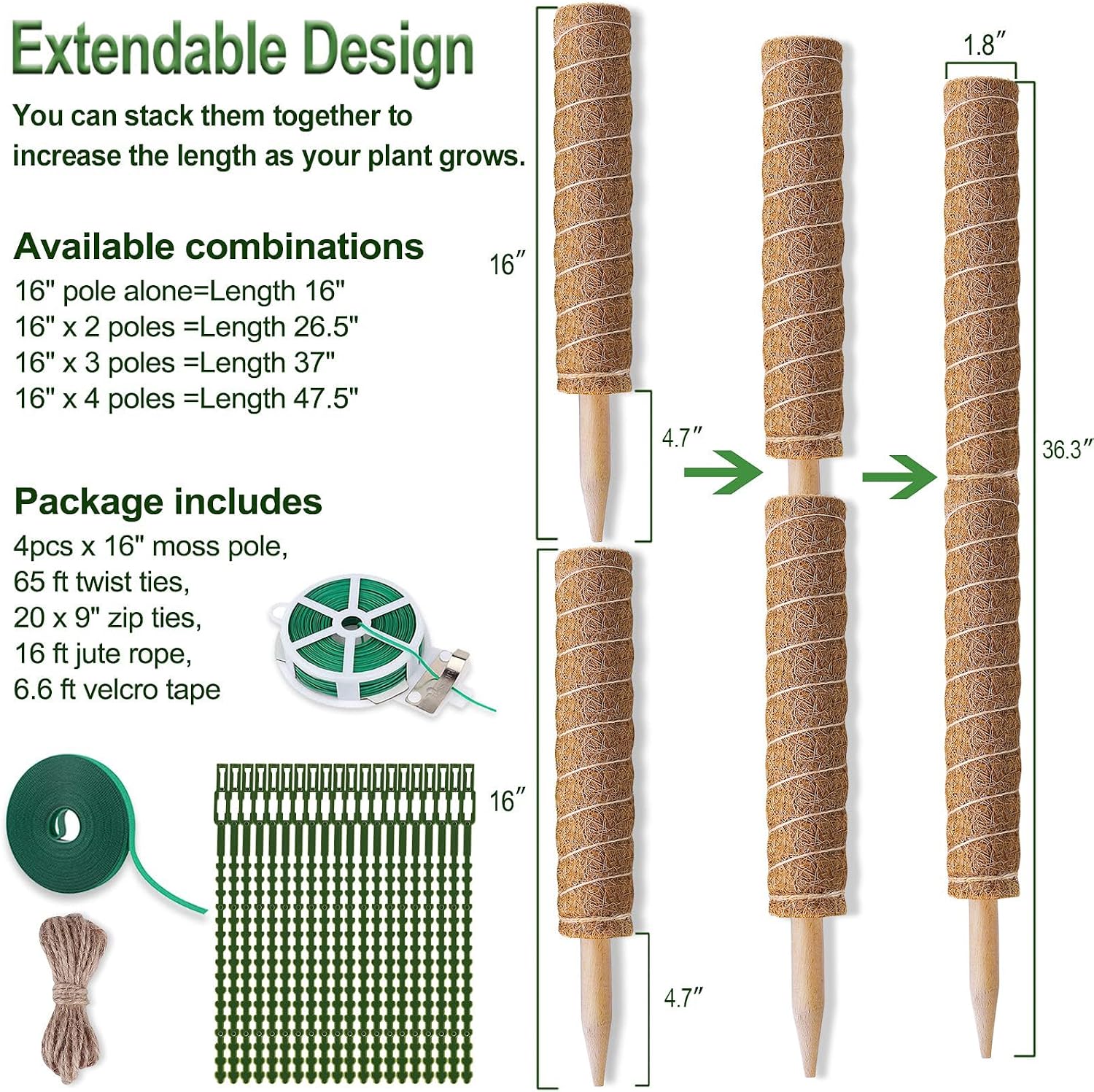 Detalle de Fabulas Totem Pole Coir Plant Support, 4-Pack, Extendable to 47.5 Inches