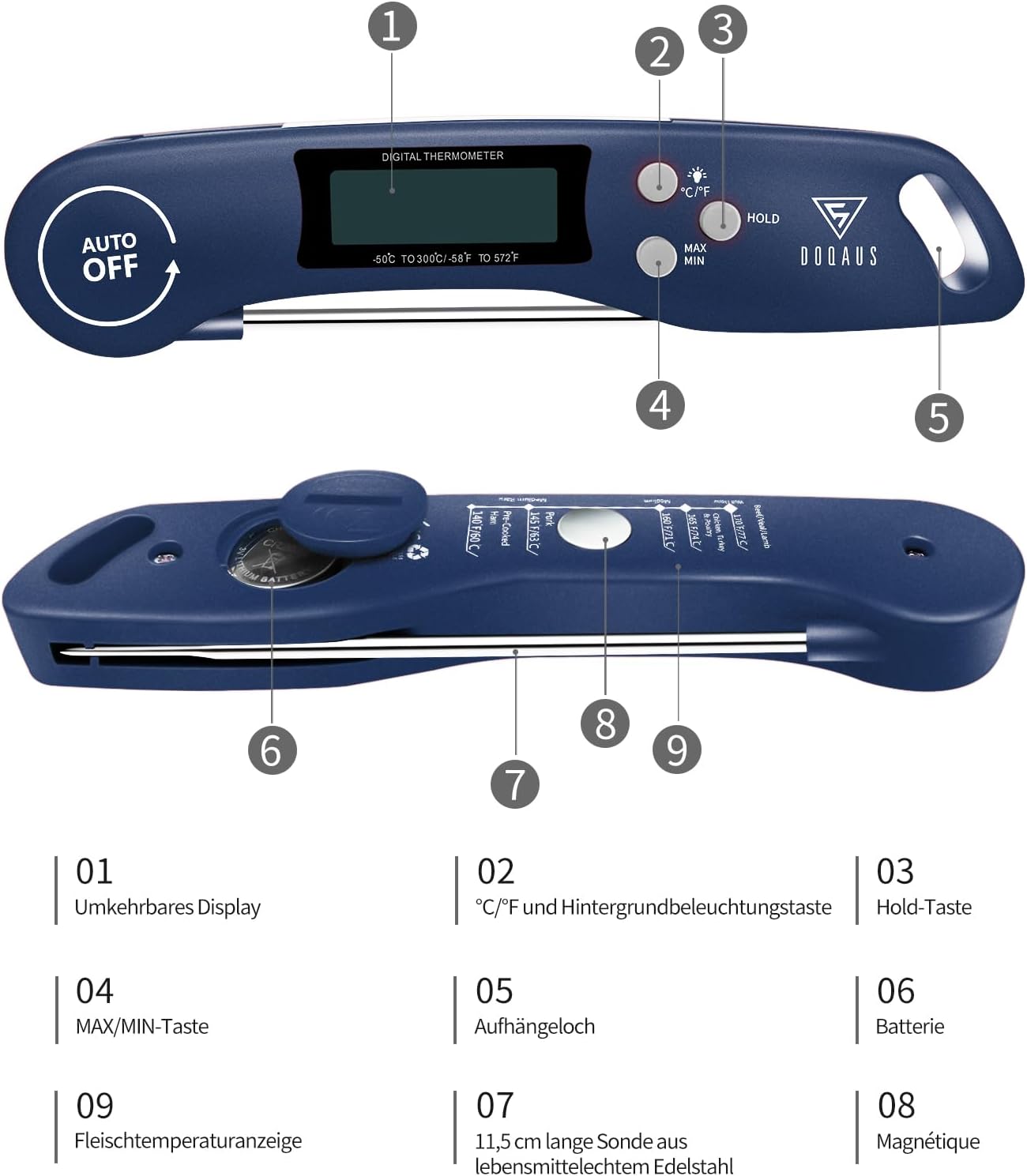 Detalle 2 de DOQAUS Grillthermometer: Fleisch- und Küchenthermometer mit 3-Sekunden-Auslese, LCD-Display und langer 11,5 cm Sonde (Navyblau)