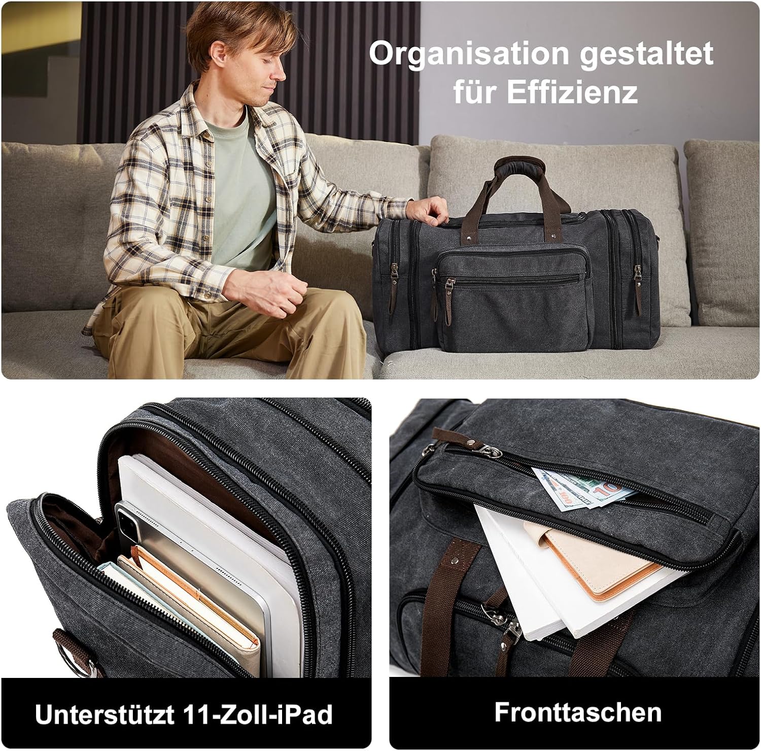 Thumbnail 4 de EKOROMIER Erweiterbare Reisetasche 70L – große Sporttasche dunkelgrau (bis 72 cm Länge)